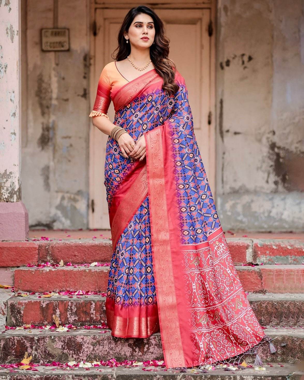 Royal Blue and Red Tussar Silk Saree with Geometric Patterns and Ornate Zari Border - SEEANS