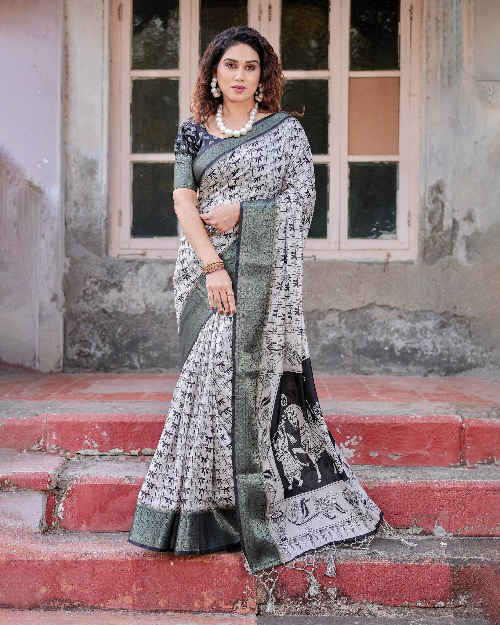 Monochrome White and Black Tussar Silk Saree with Tribal Art Motifs and Zari Border - SEEANS