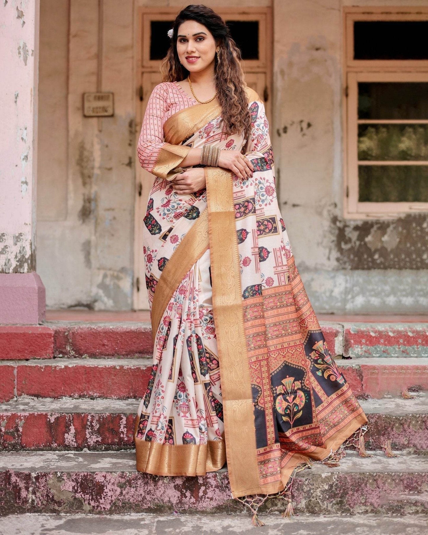 Ivory Tussar Silk Saree with Artistic Floral Motifs and Gleaming Golden Zari Border - SEEANS