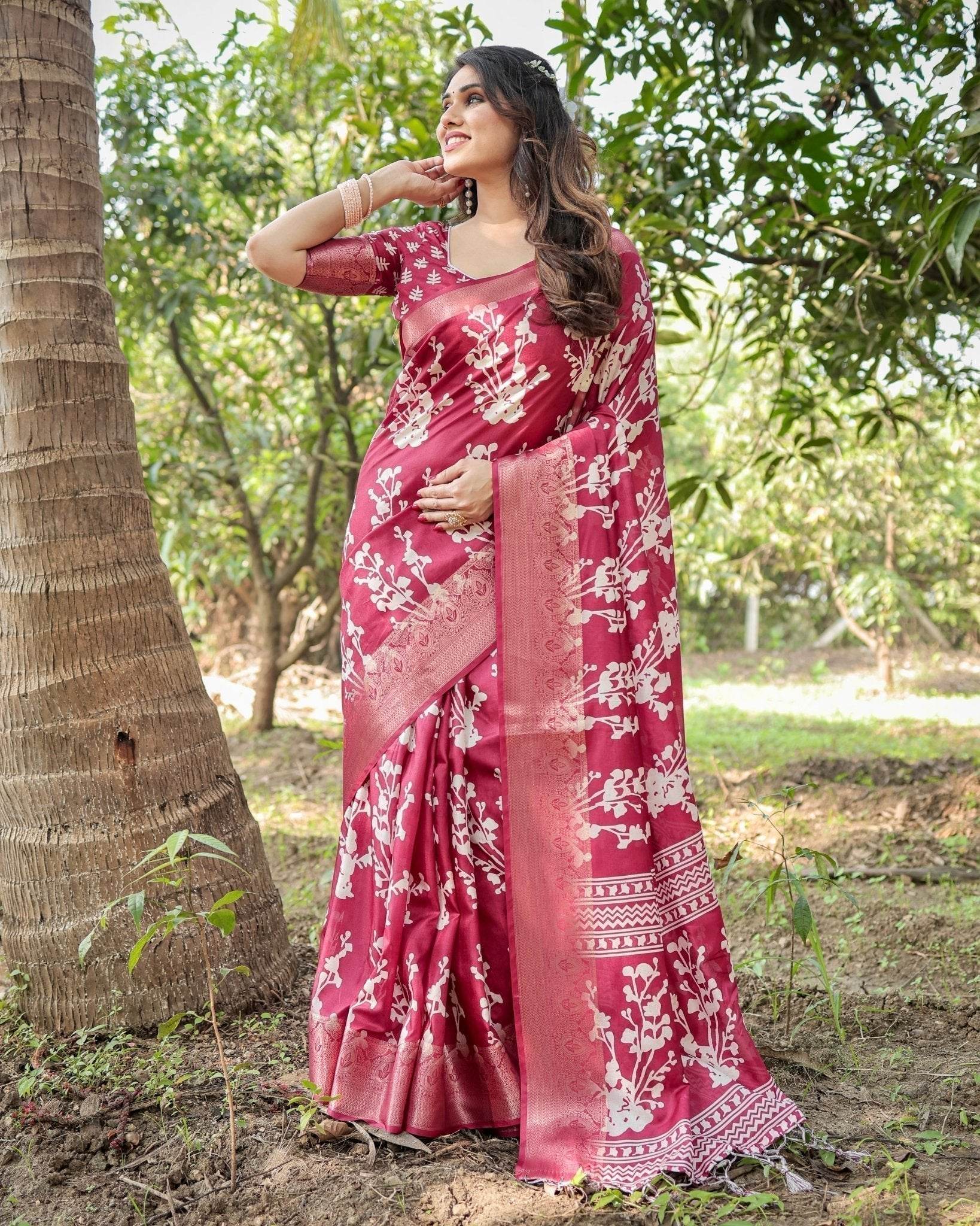Maroon Tussar Silk Saree with White Floral Motifs, Intricate Zari Border, and Elegant Tassel Pallu - SEEANS
