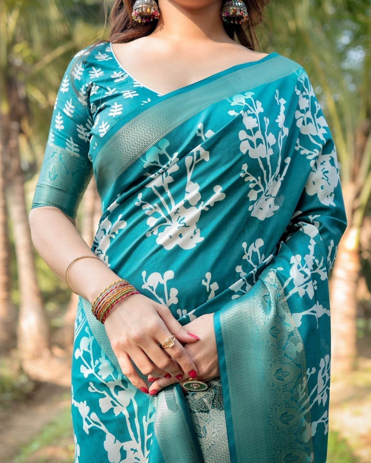 Teal Blue Tussar Silk Saree with White Floral Design, Gold Zari Border & Tassel Pallu - SEEANS