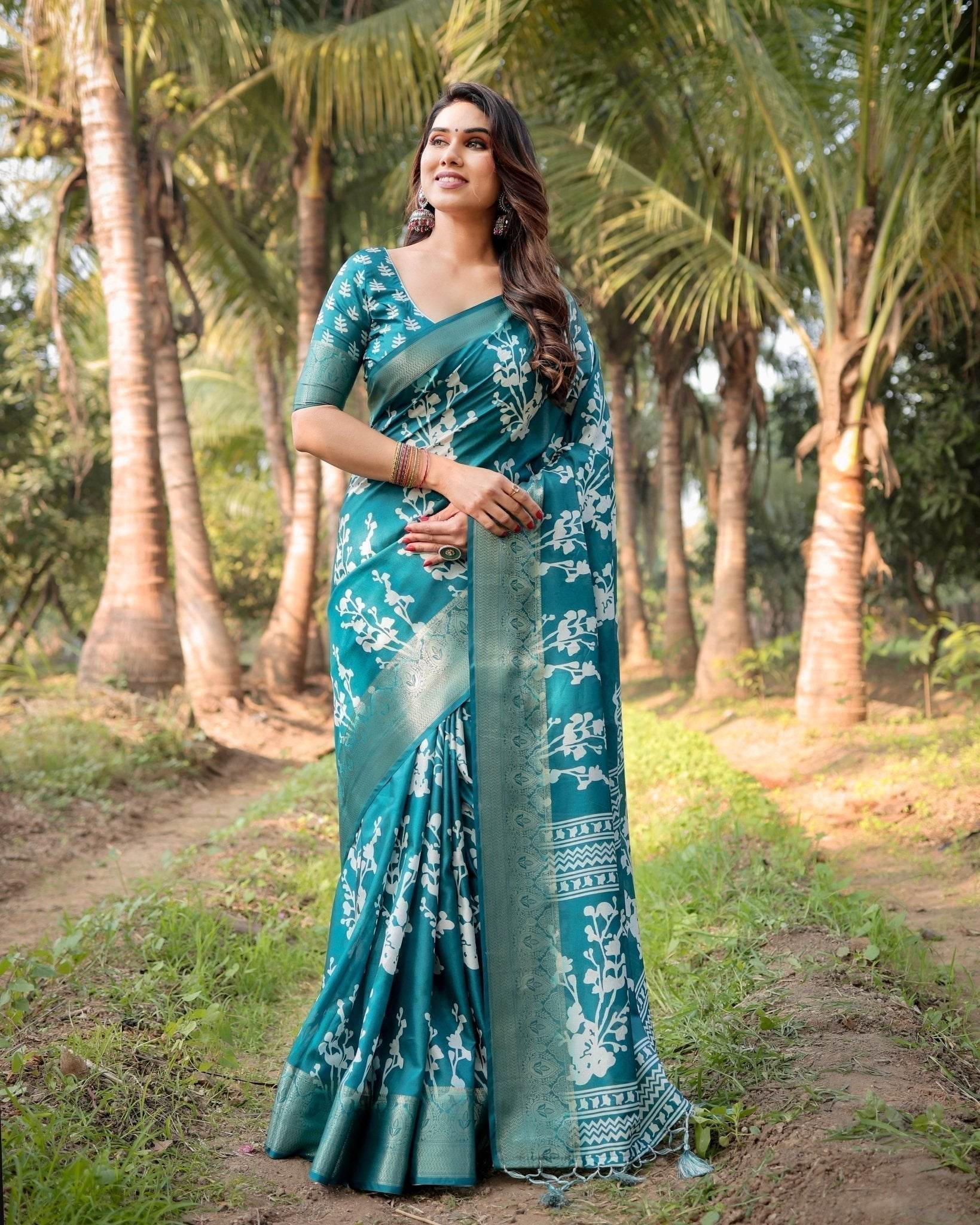 Teal Blue Tussar Silk Saree with White Floral Design, Gold Zari Border & Tassel Pallu - SEEANS