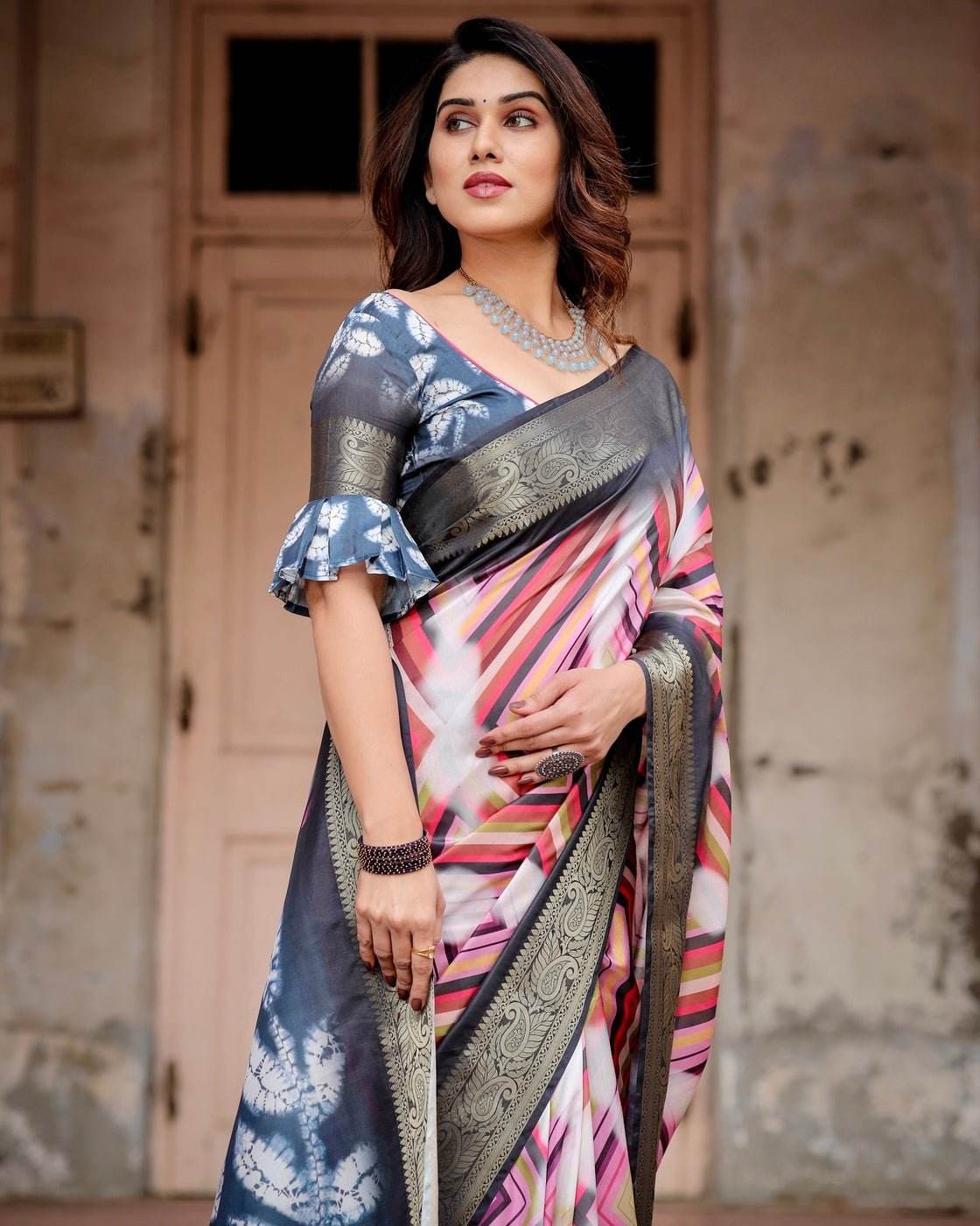 Geometric Multicolor Tussar Silk Saree with Charcoal Gray Zari Border and Abstract Pallu - SEEANS