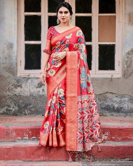 Vibrant Red Tussar Silk Saree with Bold Floral Motifs and Chevron Patterned Pallu - SEEANS