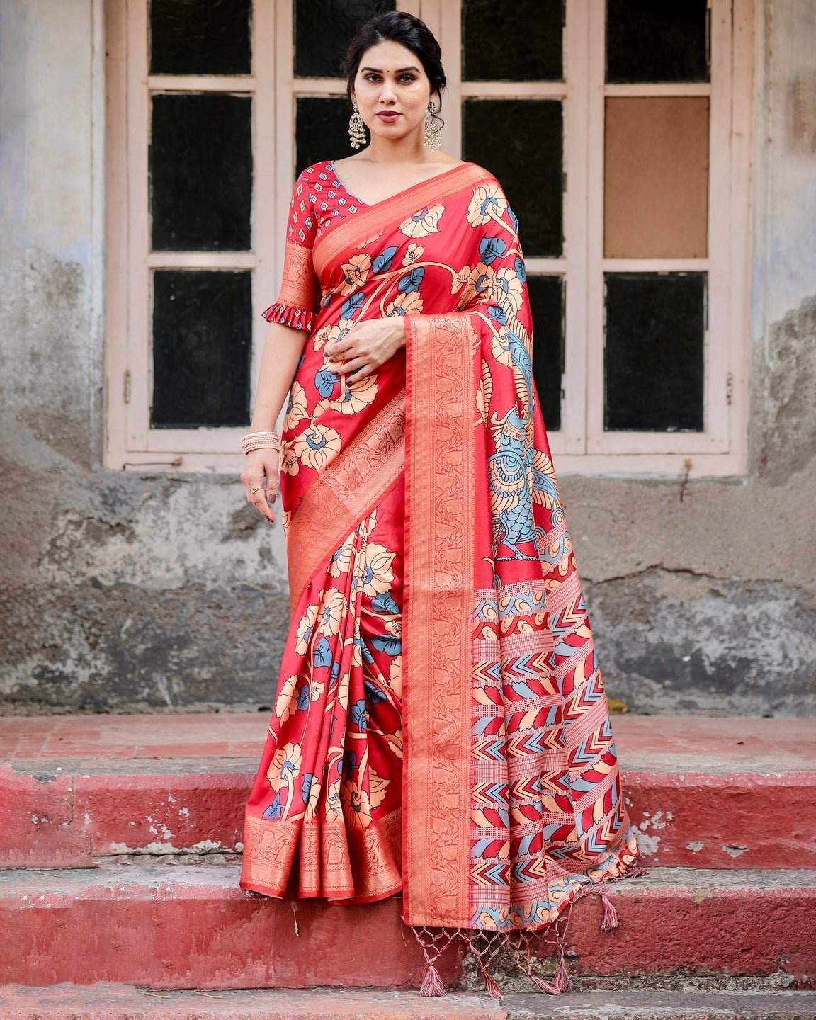 Vibrant Red Tussar Silk Saree with Bold Floral Motifs and Chevron Patterned Pallu - SEEANS