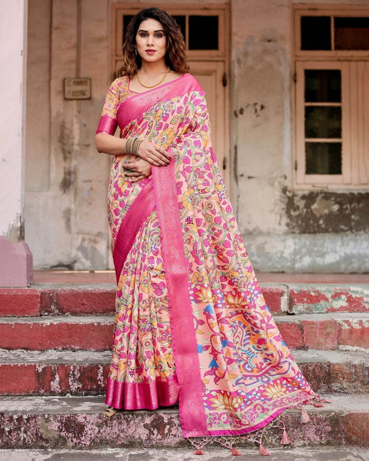 Peach and Fuchsia Floral Digital Print Tussar Silk Saree with Zari Border and Paisley Pallu - SEEANS