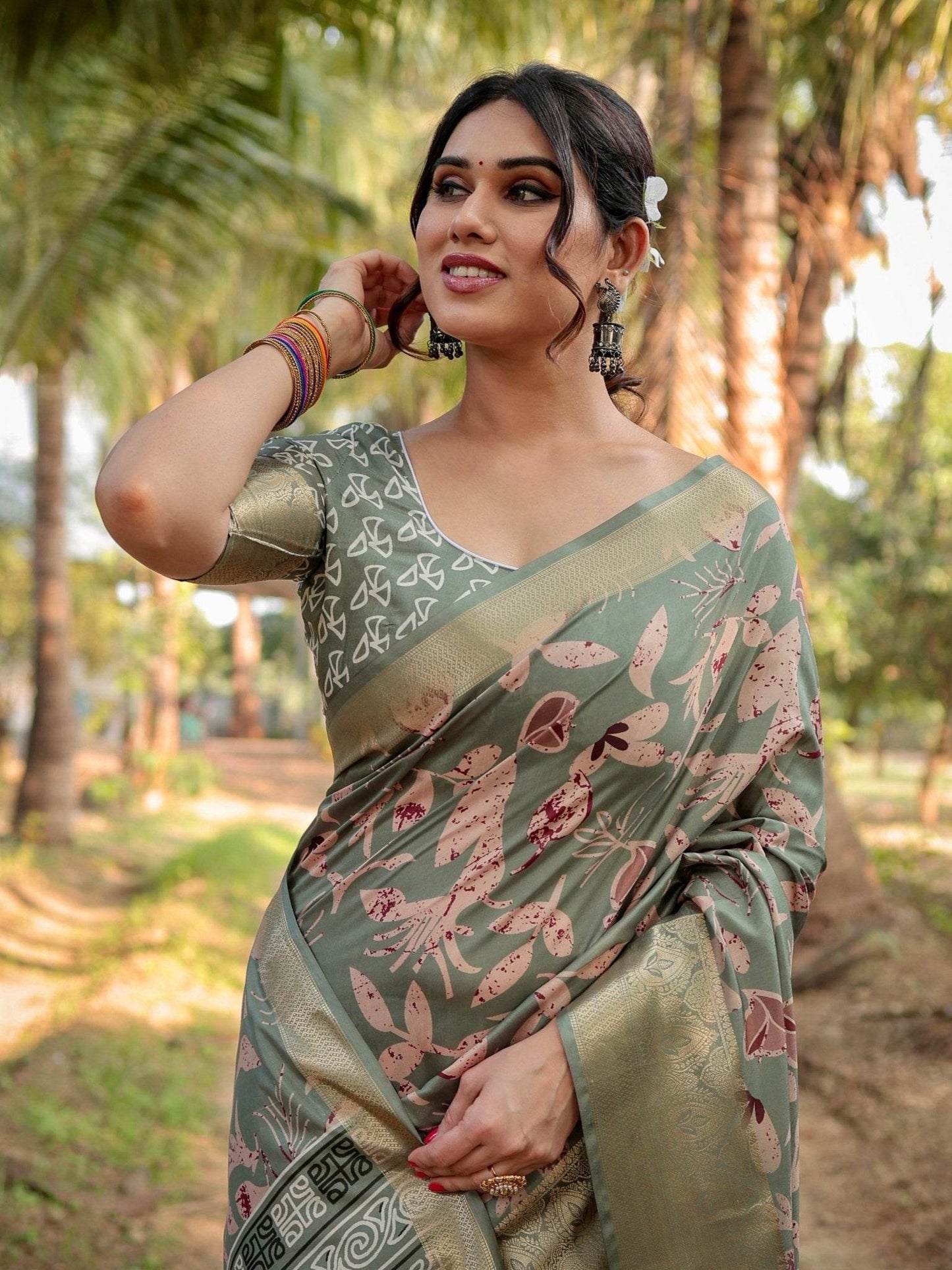 Graceful Olive Green Tussar Silk Saree with Intricate Beige and Maroon Botanical Print and Zari Border - SEEANS