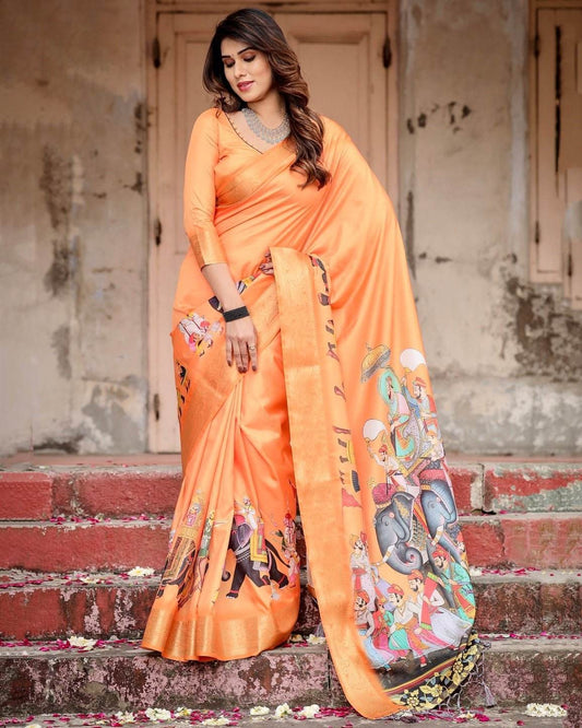 Sunset Orange Tussar Silk Saree with Royal Procession Pallu and Zari Border - SEEANS