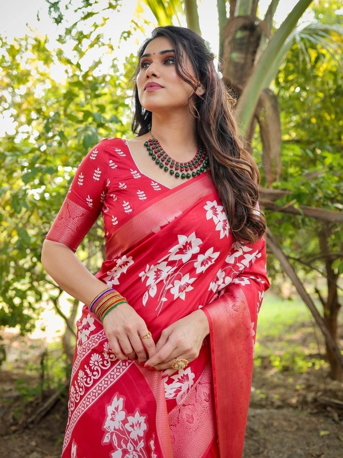 Graceful Red Tussar Silk Saree with White Floral Design and Zari Border - SEEANS