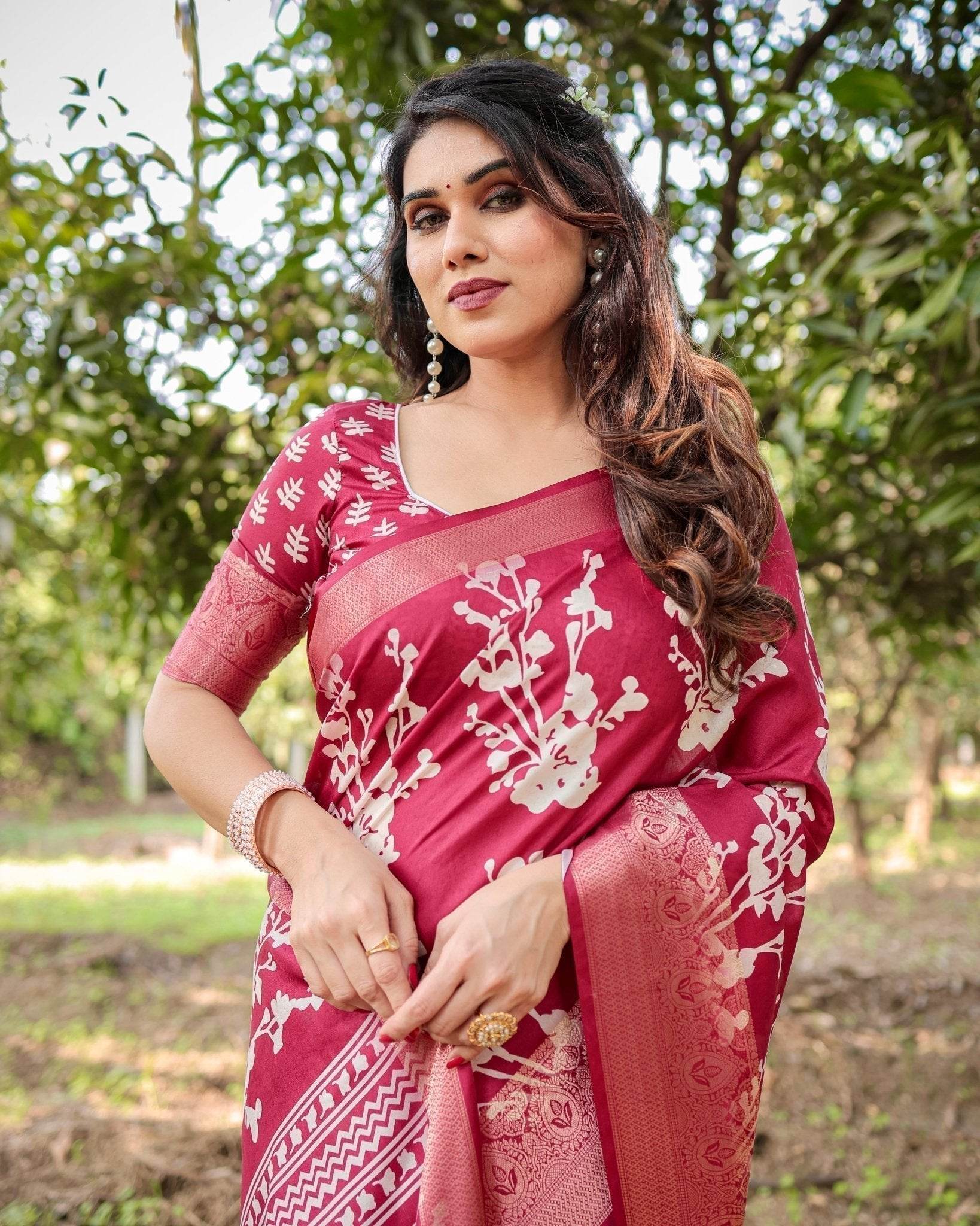 Maroon Tussar Silk Saree with White Floral Motifs, Intricate Zari Border, and Elegant Tassel Pallu - SEEANS