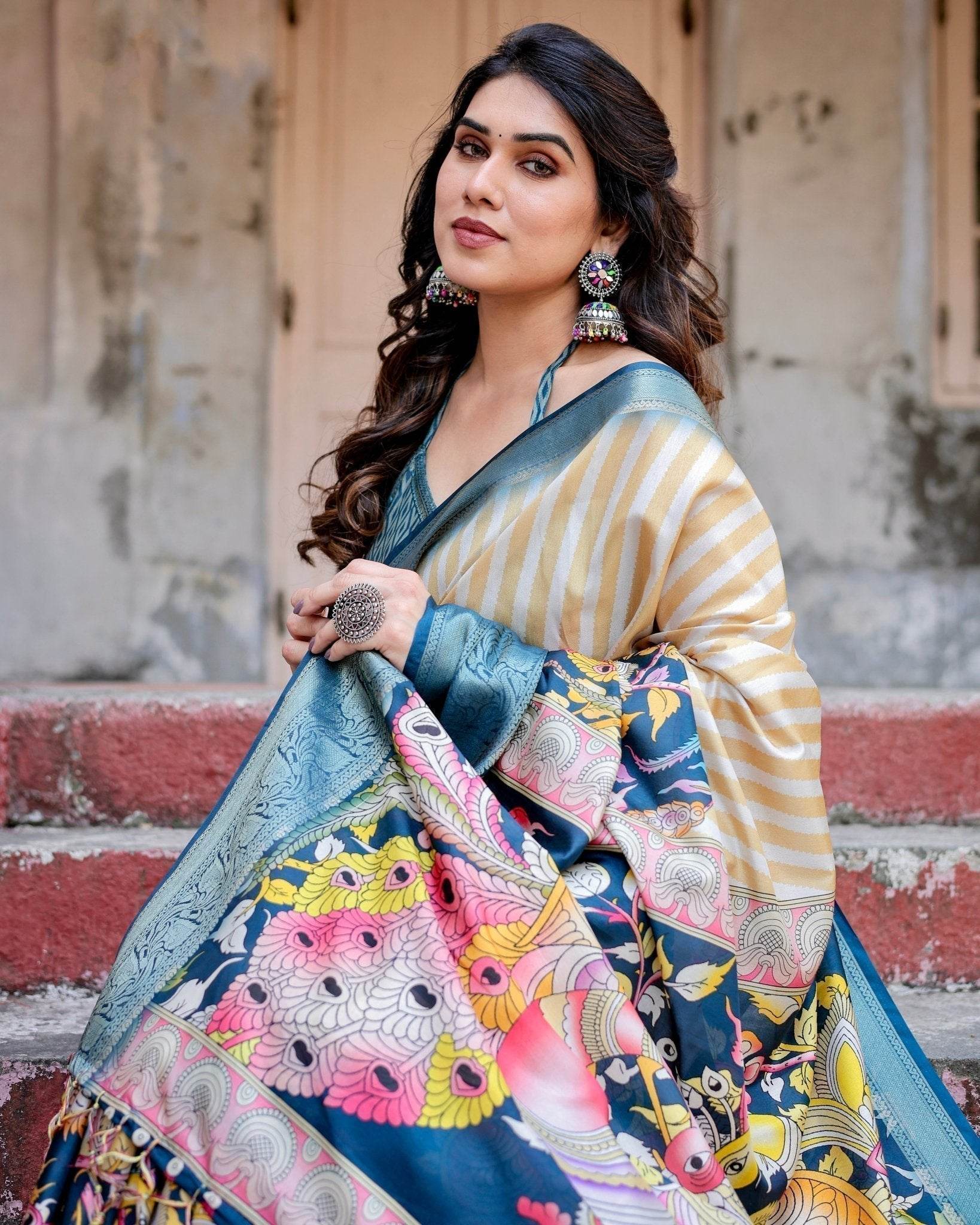 Beige & Teal Tussar Silk Saree with Intricate Kalamkari and Zari Border - SEEANS