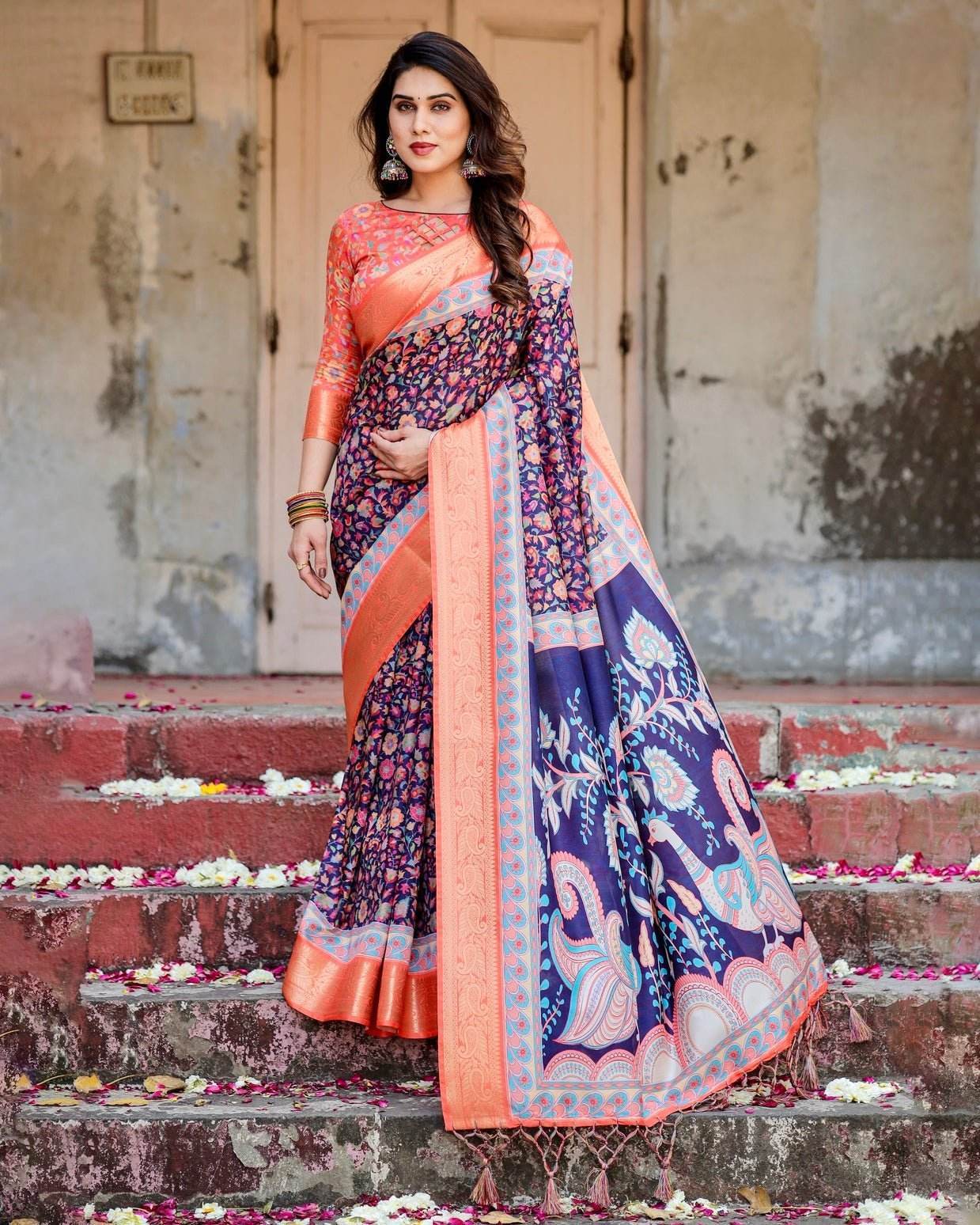 Navy Blue and Peach Tussar Silk Saree with Peacock Motifs and Floral Zari Border - SEEANS