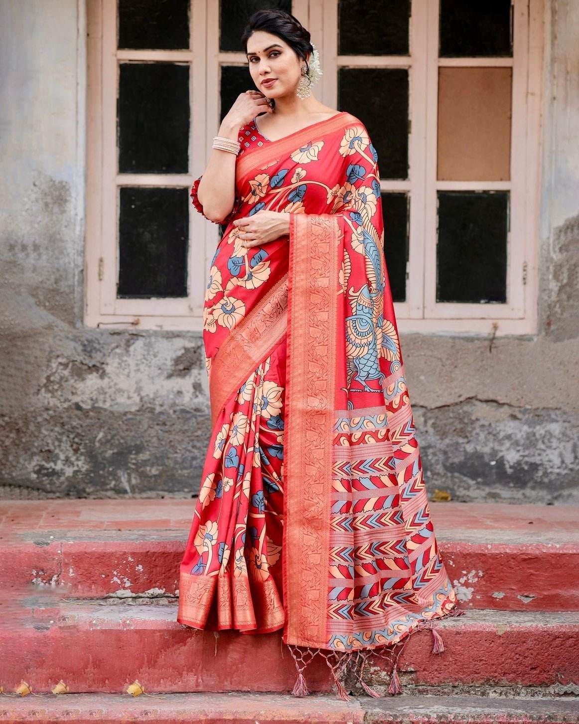 Vibrant Red Tussar Silk Saree with Bold Floral Motifs and Chevron Patterned Pallu - SEEANS