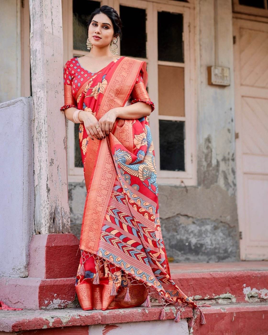 Vibrant Red Tussar Silk Saree with Bold Floral Motifs and Chevron Patterned Pallu - SEEANS