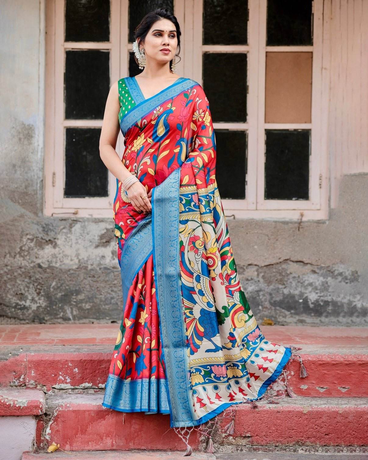 Multicolor Tussar Silk Saree with Vibrant Peacock and Floral Motifs - SEEANS