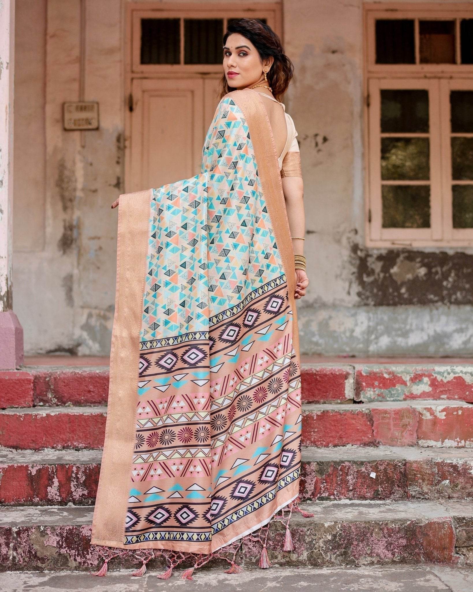 Contemporary Beige Tussar Silk Saree with Geometric Triangle Print and Golden Zari Border - SEEANS