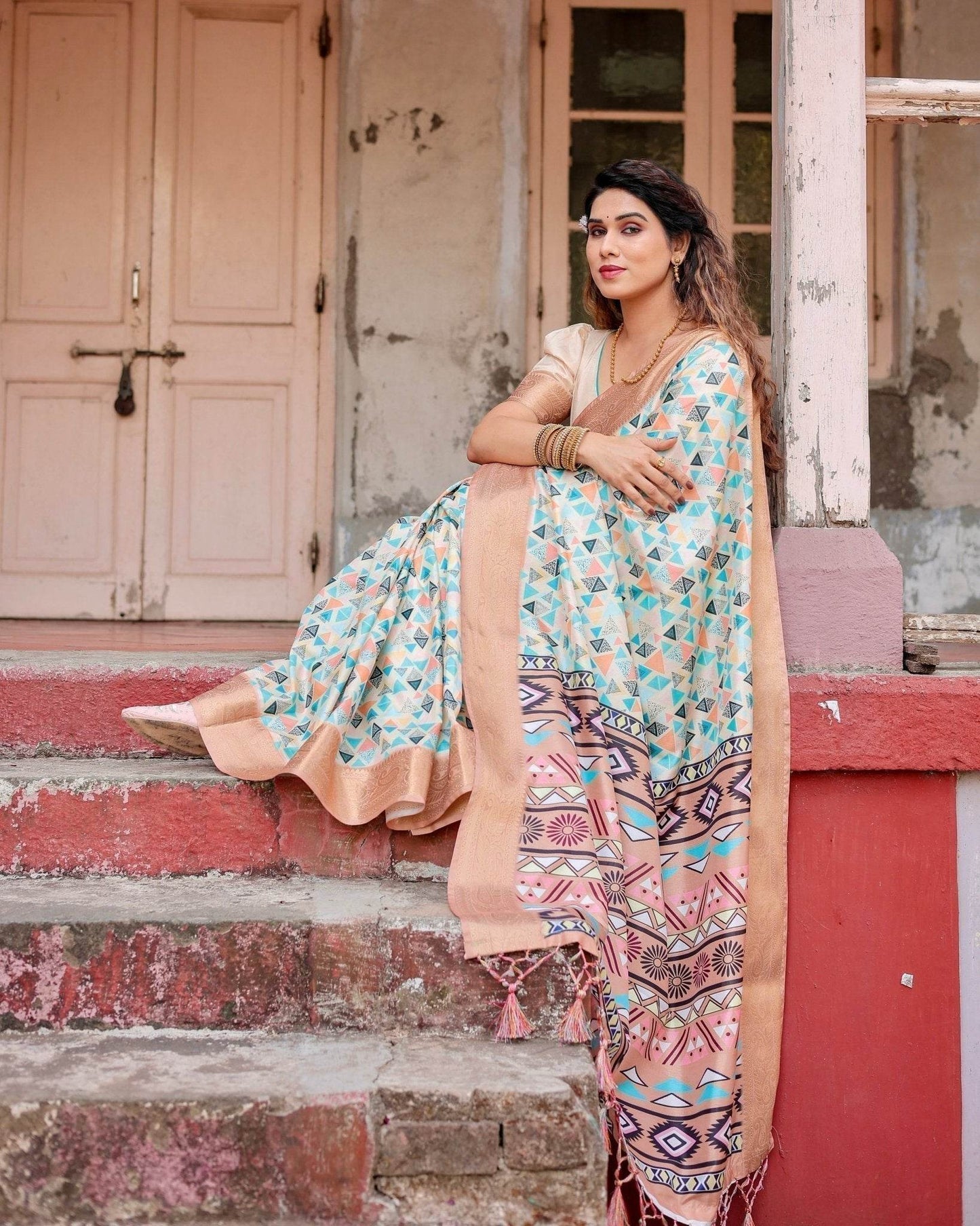 Contemporary Beige Tussar Silk Saree with Geometric Triangle Print and Golden Zari Border - SEEANS