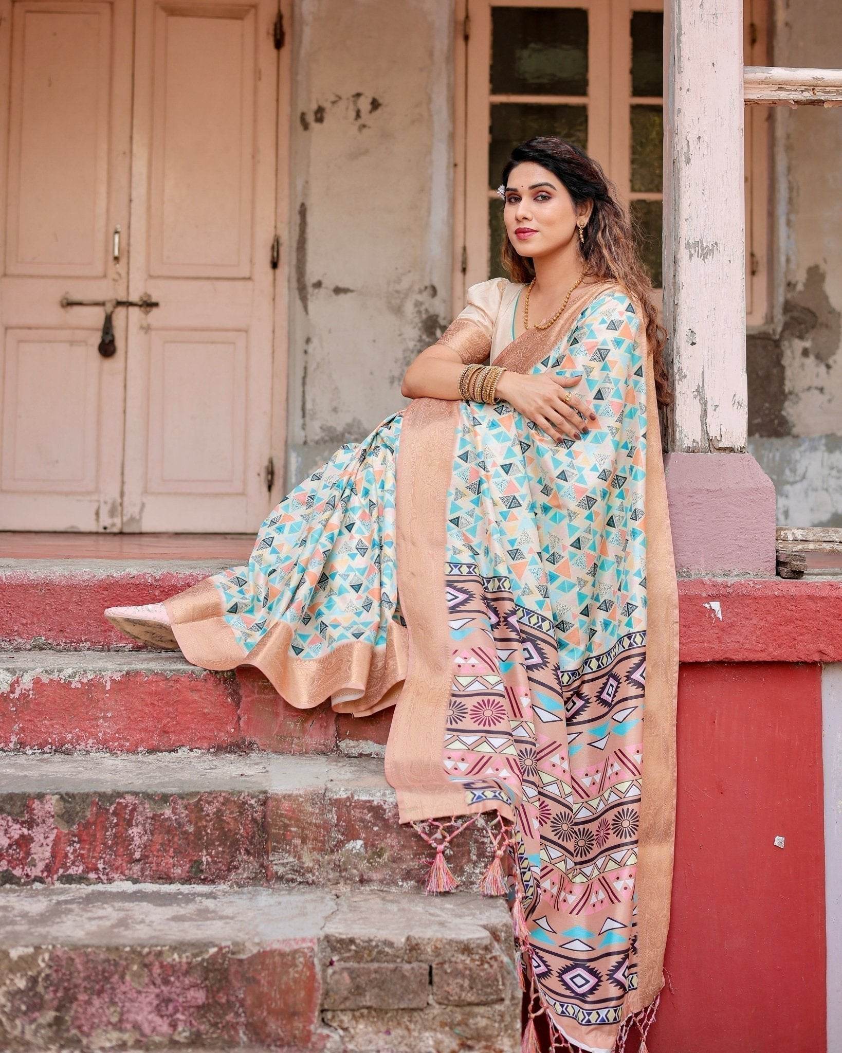 Contemporary Beige Tussar Silk Saree with Geometric Triangle Print and Golden Zari Border - SEEANS
