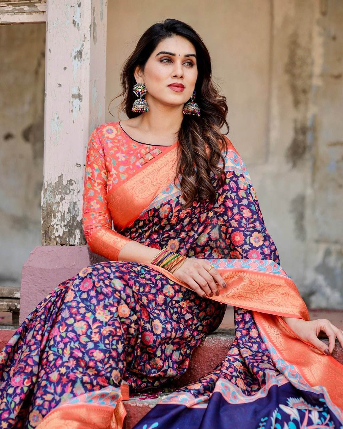 Navy Blue and Peach Tussar Silk Saree with Peacock Motifs and Floral Zari Border - SEEANS