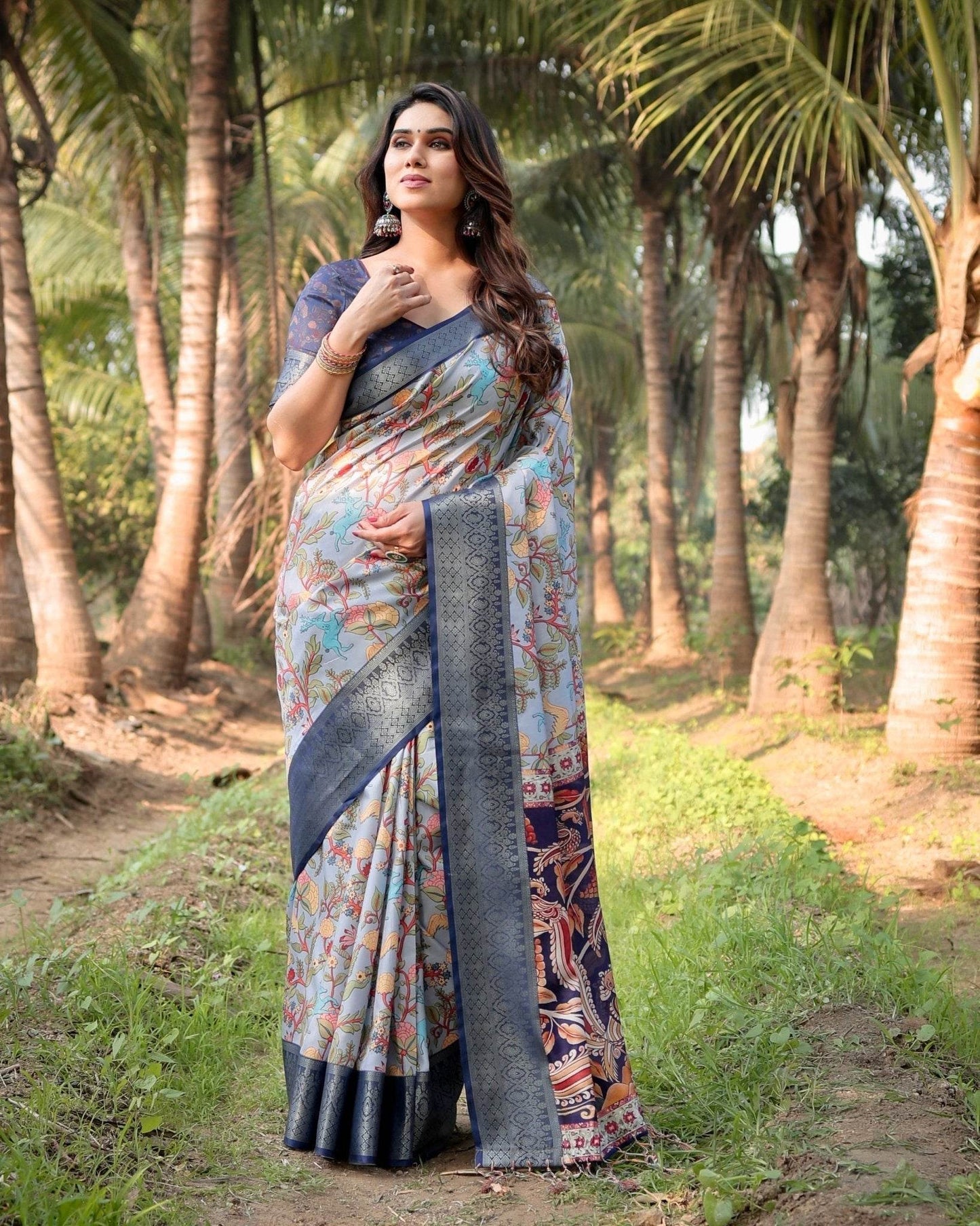 Sky Blue and Navy Digital Print Tussar Silk Saree with Zari Woven Border and Floral Motif Pallu - SEEANS