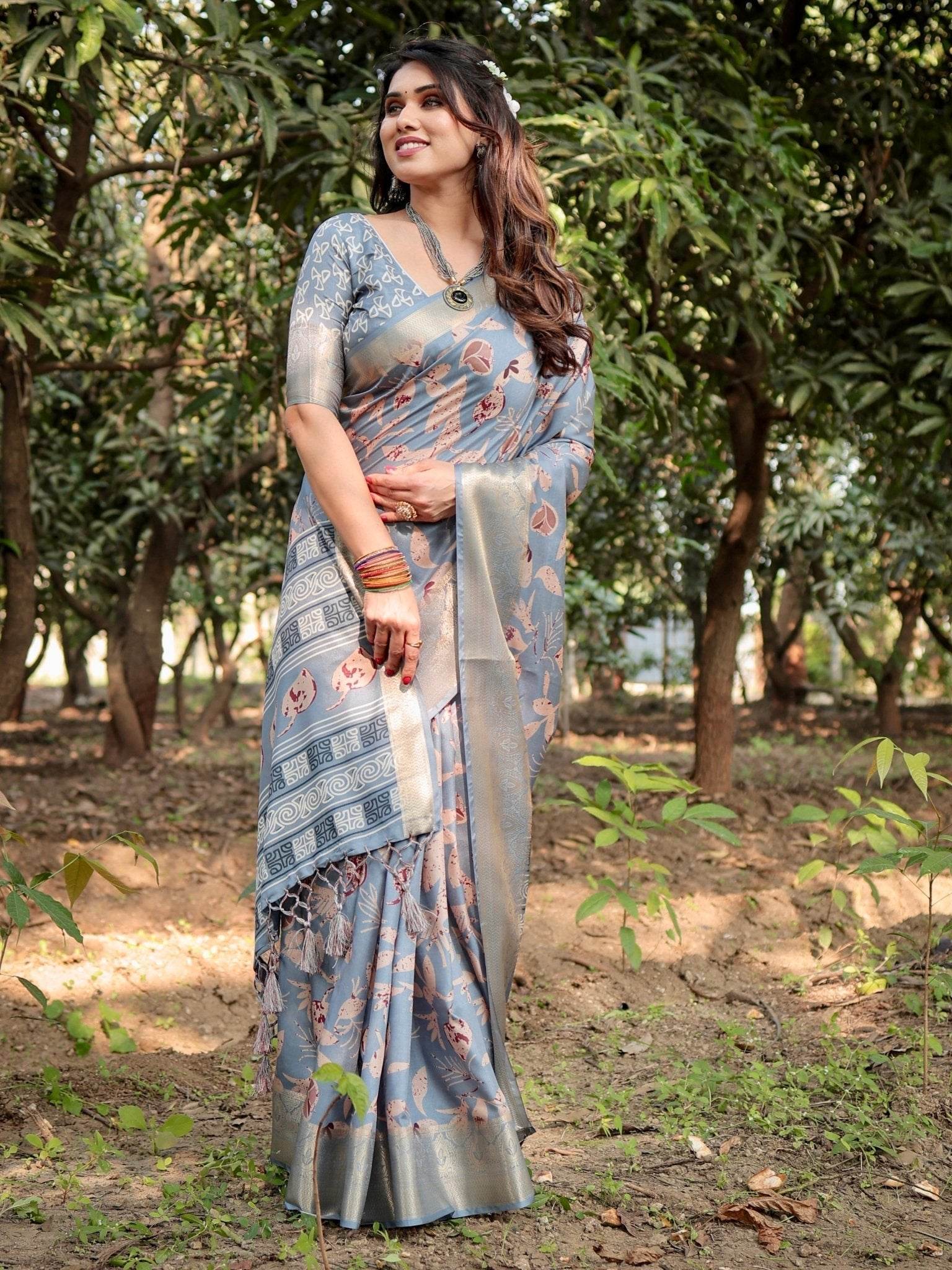 Stylish Sky Blue Tussar Silk Saree with Beige and Gold Zari Work and Contemporary Pallu Design - SEEANS