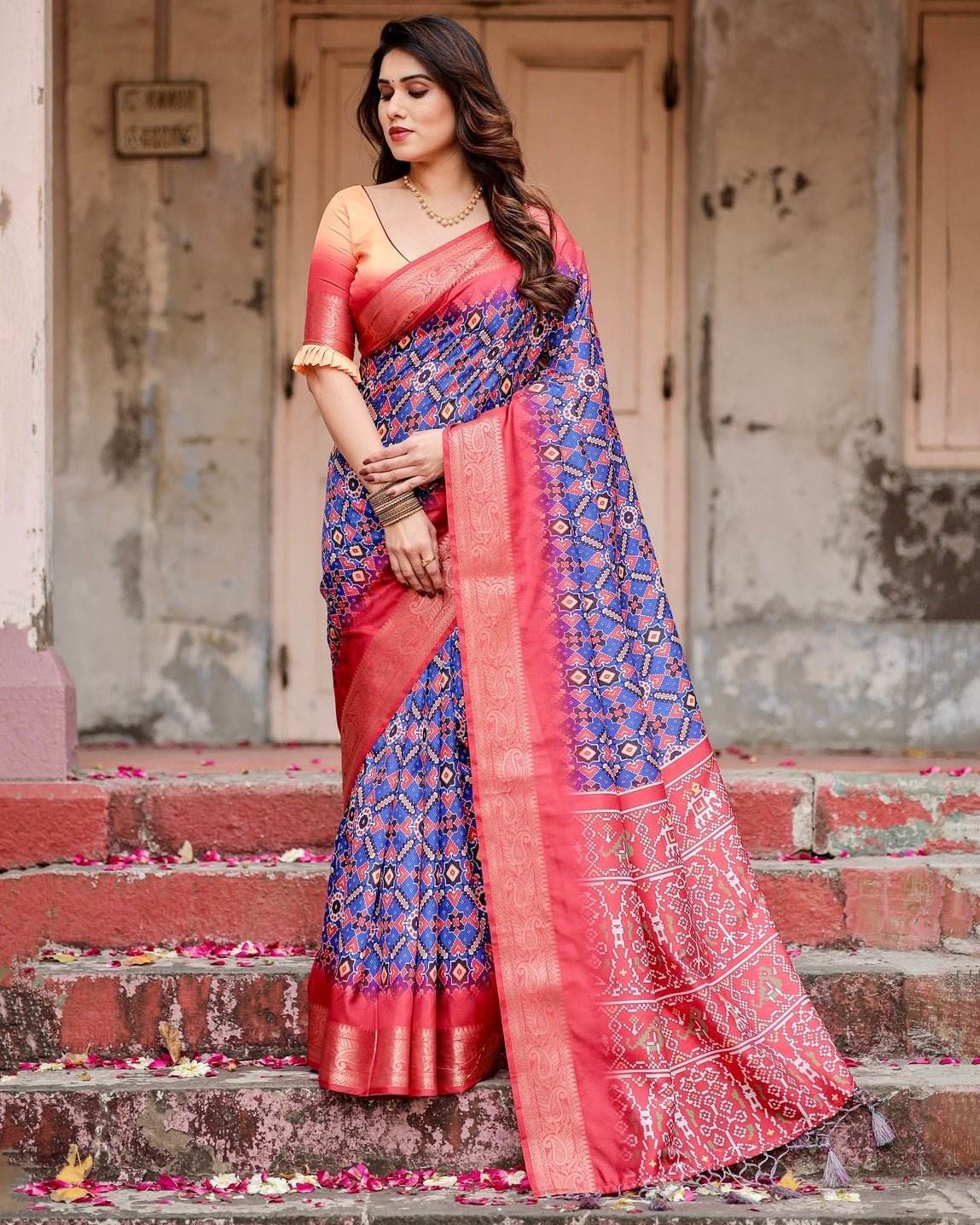Royal Blue and Red Tussar Silk Saree with Geometric Patterns and Ornate Zari Border - SEEANS