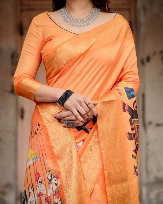Sunset Orange Tussar Silk Saree with Royal Procession Pallu and Zari Border - SEEANS