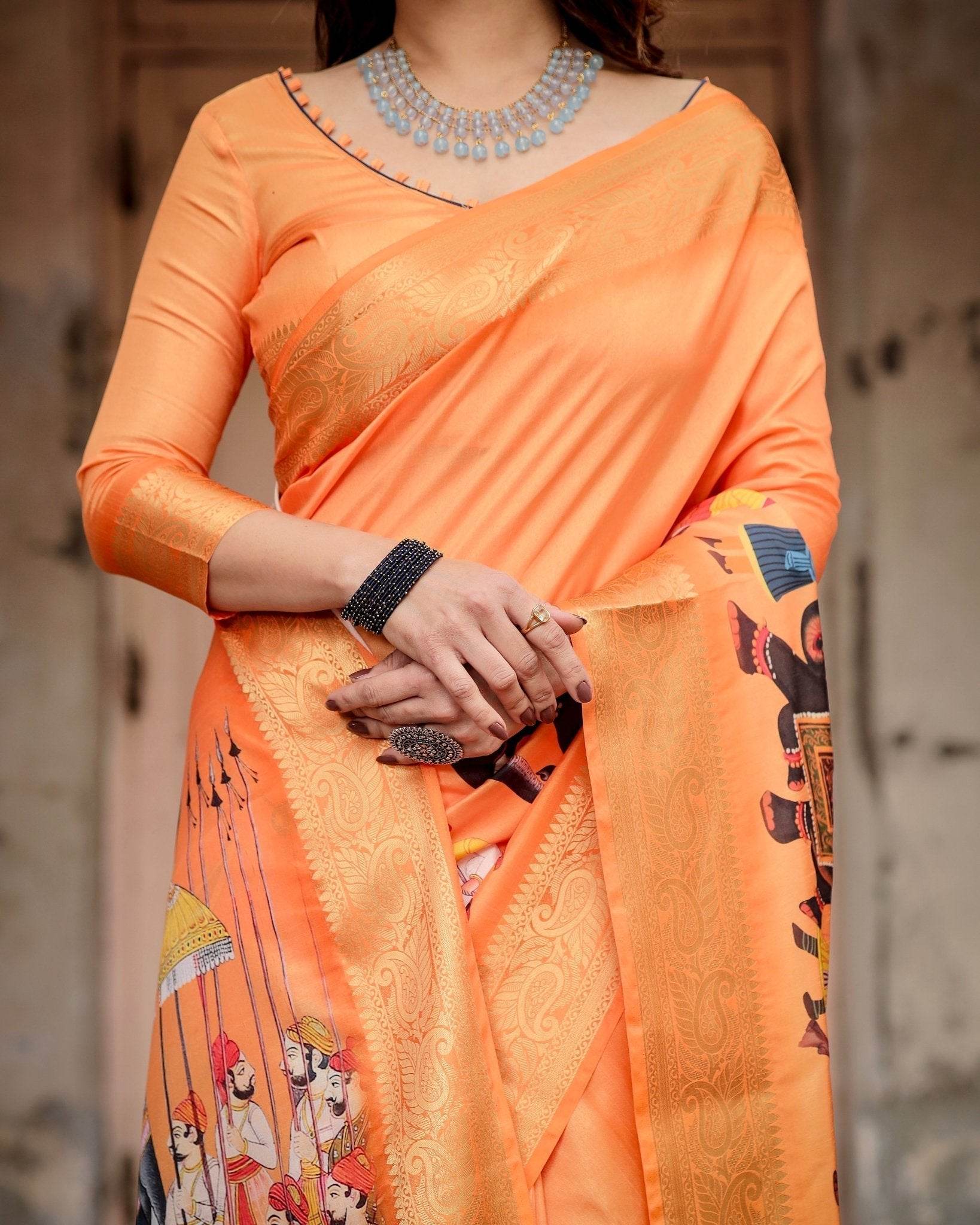 Sunset Orange Tussar Silk Saree with Royal Procession Pallu and Zari Border - SEEANS