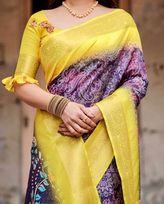 Purple and Yellow Tussar Silk Saree with Artistic Peacock Pallu and Zari Border - SEEANS