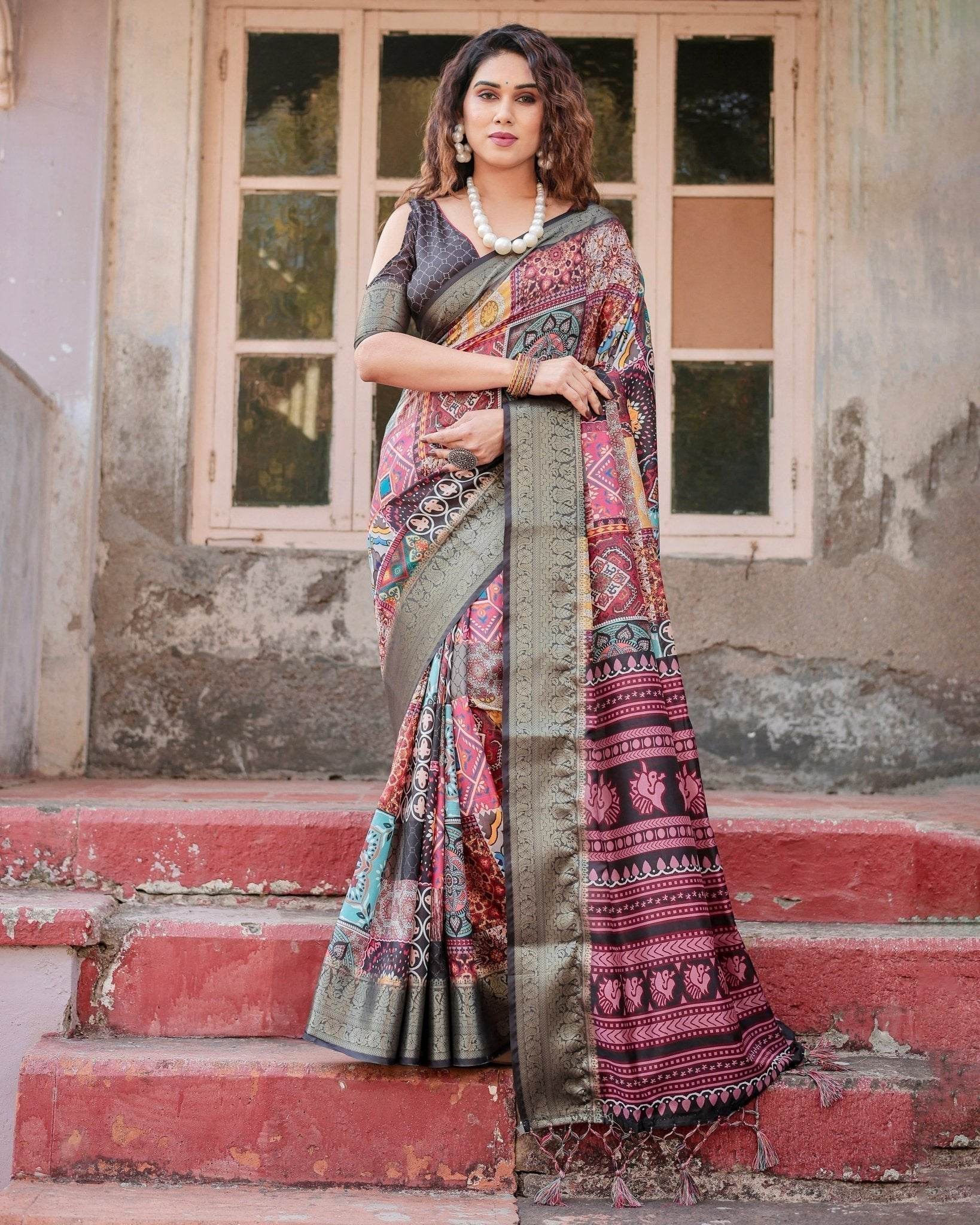 Multicolor Tussar Silk Saree with Ornamental Patchwork and Olive Zari Border - SEEANS