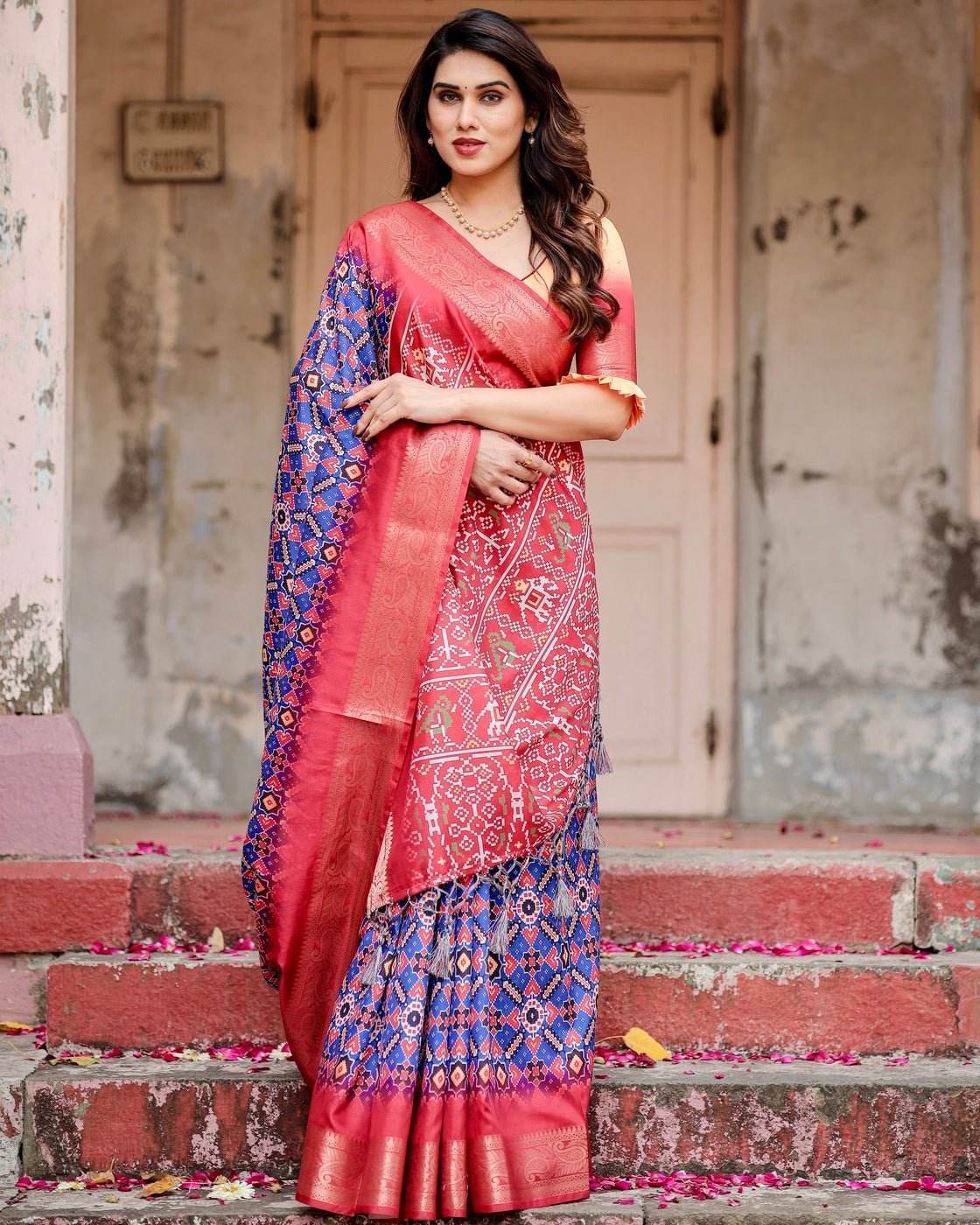 Royal Blue and Red Tussar Silk Saree with Geometric Patterns and Ornate Zari Border - SEEANS