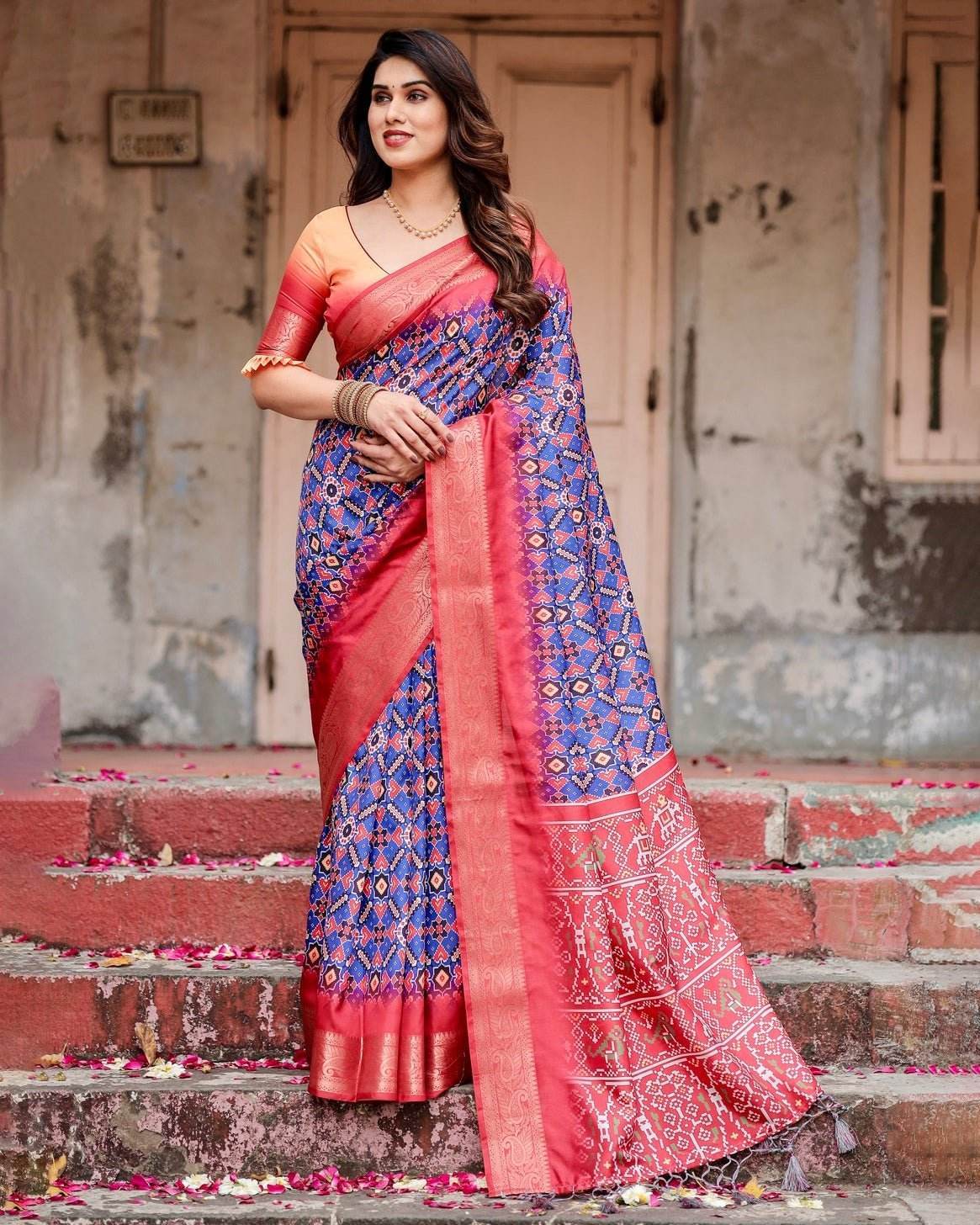 Royal Blue and Red Tussar Silk Saree with Geometric Patterns and Ornate Zari Border - SEEANS