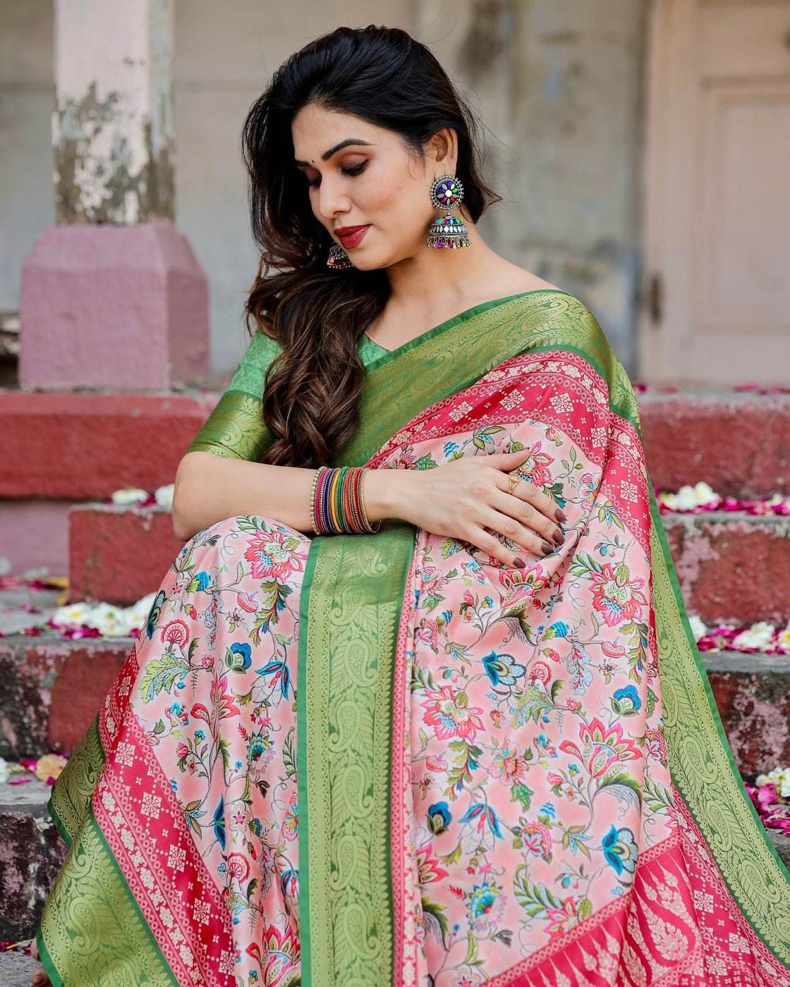 Blush Pink and Green Tussar Silk Saree with Floral Prints and Intricate Zari Work - SEEANS