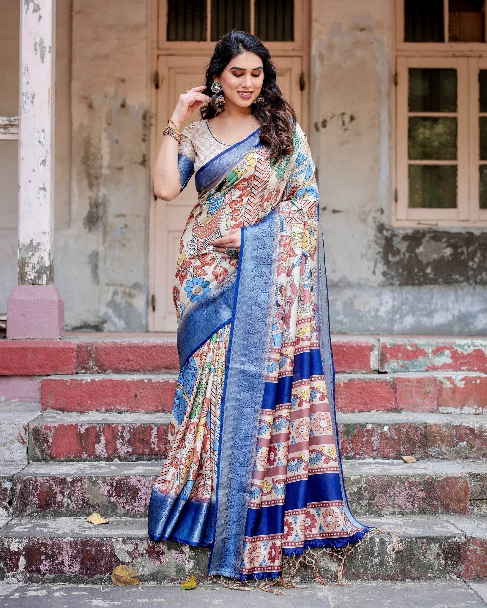 Multicolor Tussar Silk Saree with Artistic Floral Motifs and Traditional Blue Zari Border - SEEANS