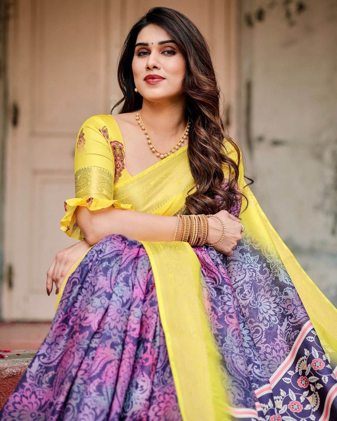 Purple and Yellow Tussar Silk Saree with Artistic Peacock Pallu and Zari Border - SEEANS