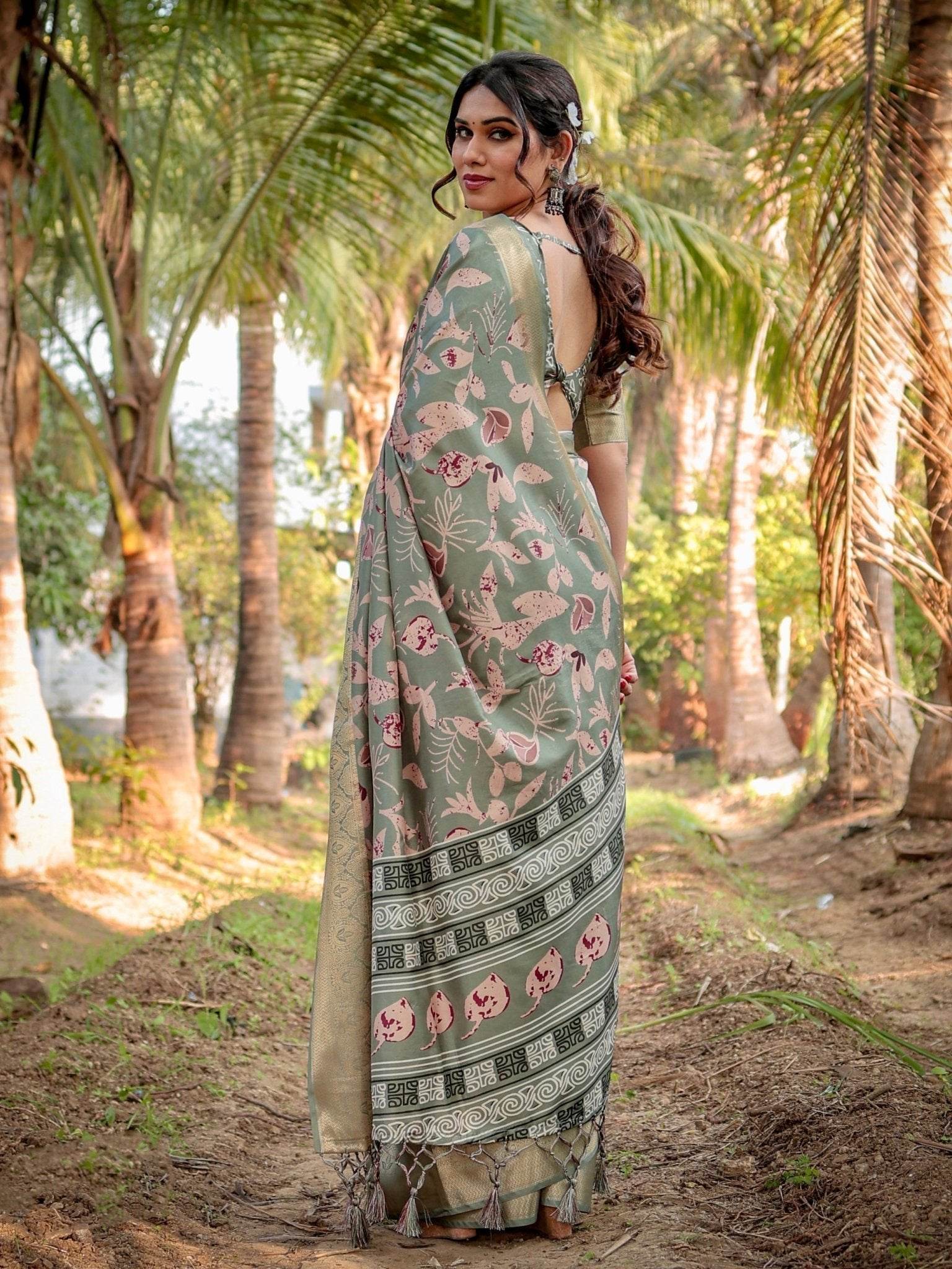 Graceful Olive Green Tussar Silk Saree with Intricate Beige and Maroon Botanical Print and Zari Border - SEEANS