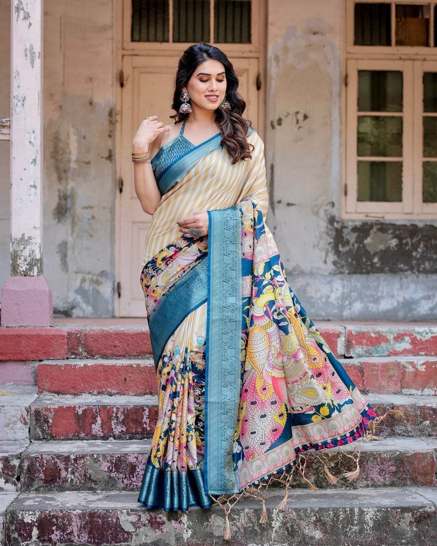 Beige & Teal Tussar Silk Saree with Intricate Kalamkari and Zari Border - SEEANS