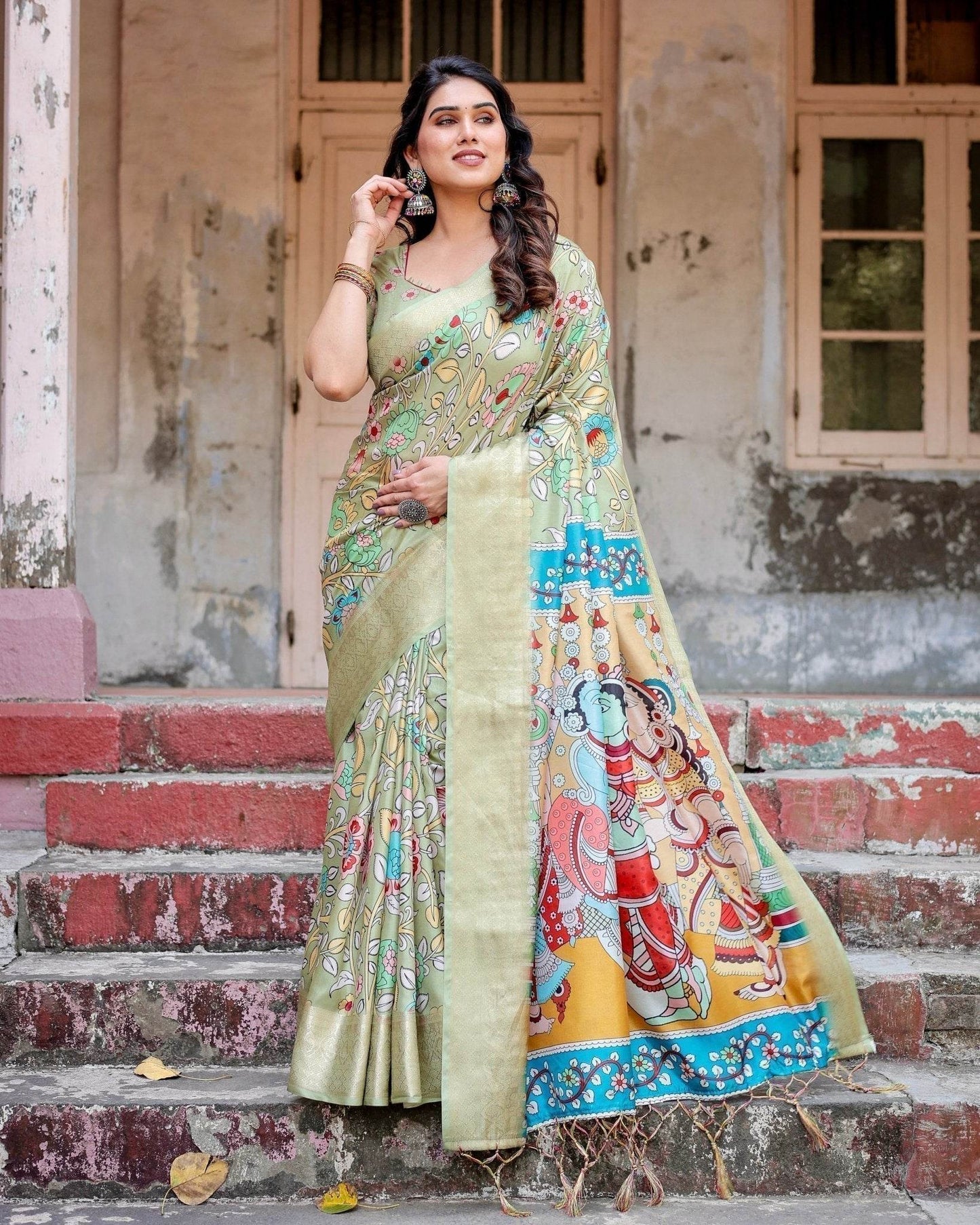 Pastel Green Tussar Silk Saree with Mythological Kalamkari Pallu and Zari Border - SEEANS