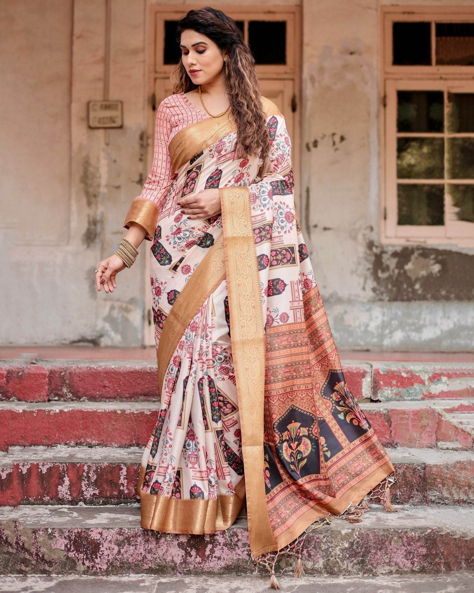 Ivory Tussar Silk Saree with Artistic Floral Motifs and Gleaming Golden Zari Border - SEEANS