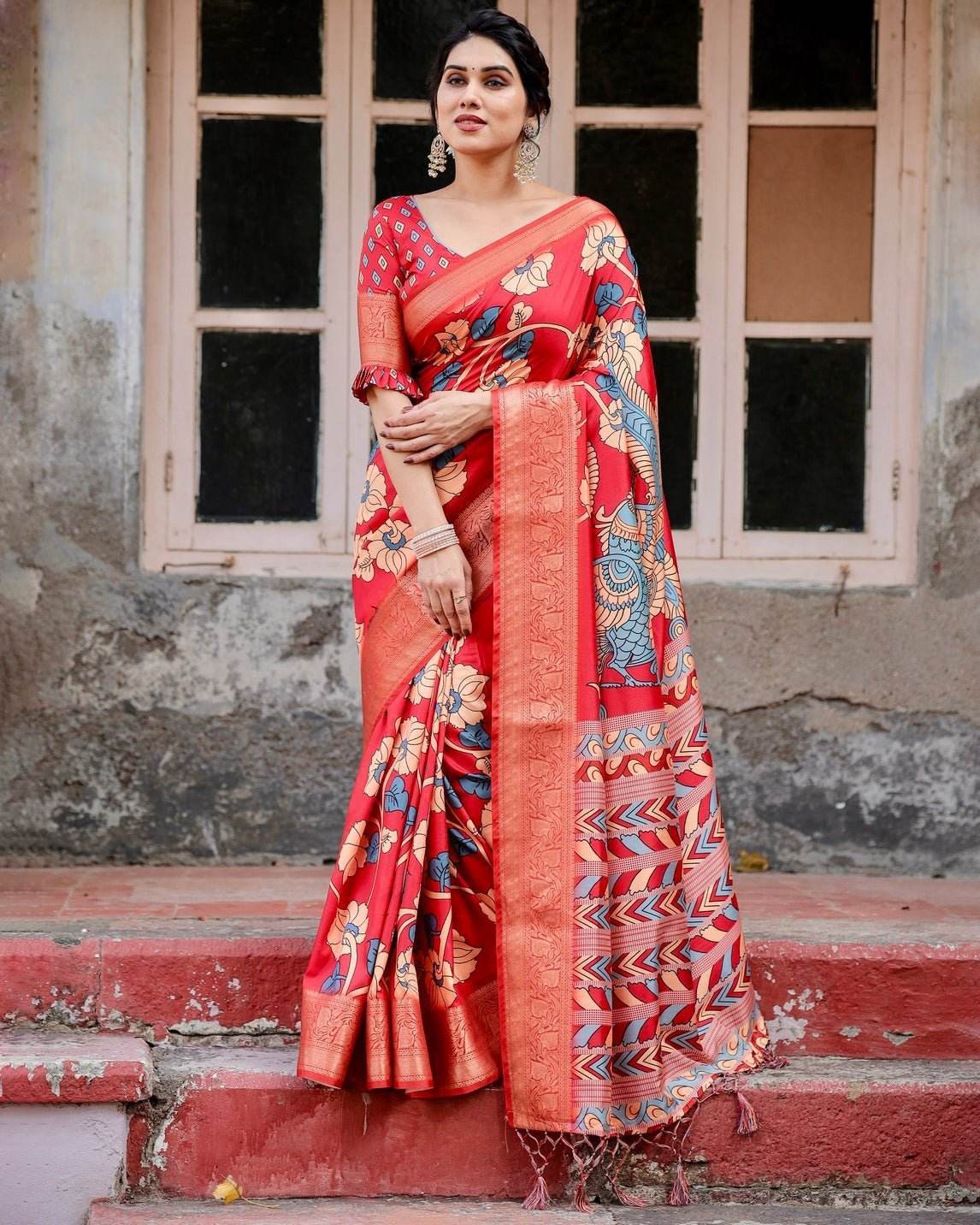 Vibrant Red Tussar Silk Saree with Bold Floral Motifs and Chevron Patterned Pallu - SEEANS