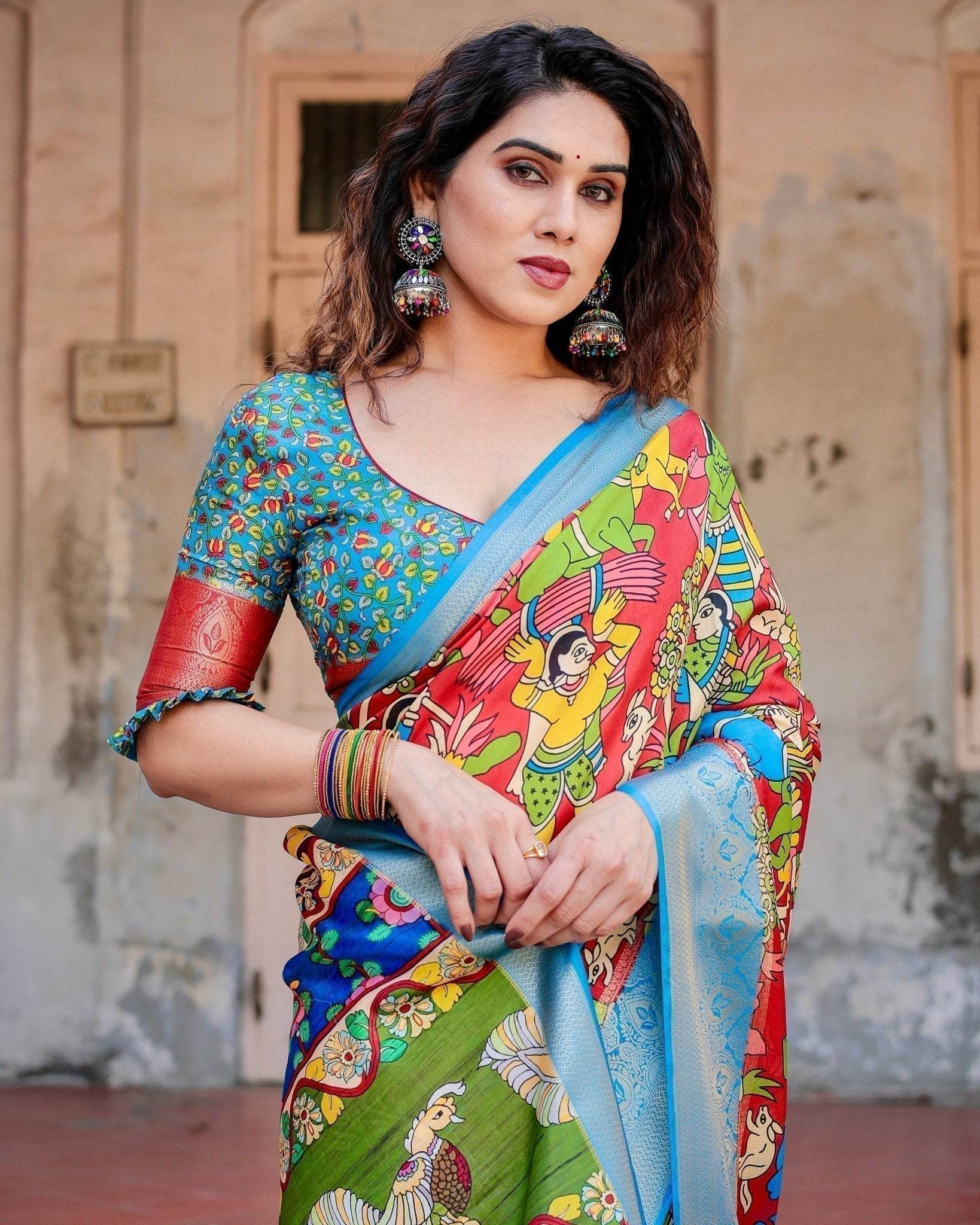 Multicolor Folk Art Inspired Digital Print Tussar Silk Saree with Sky Blue Zari Border - SEEANS