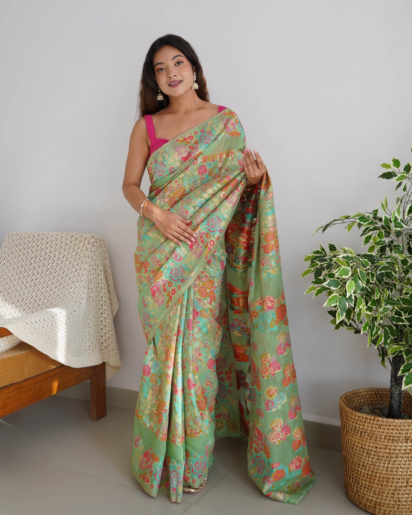 Kashmiri Pashmina Cotton Kachhi Work Multi Thread Saree – Elegant & Royal - SEEANS