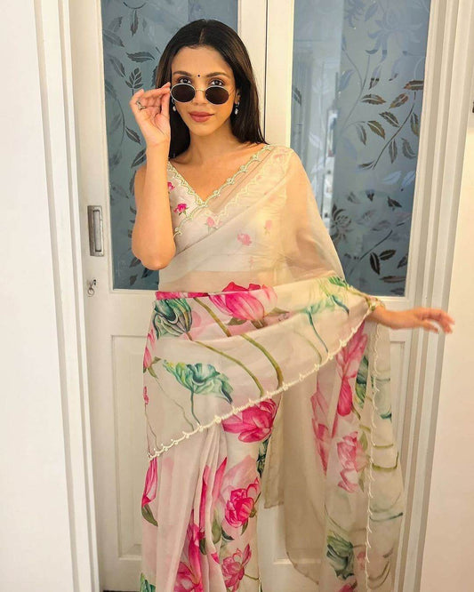 Exclusive Floral Handwork Soft Tissue Saree with Blouse | SEEANS - SEEANS
