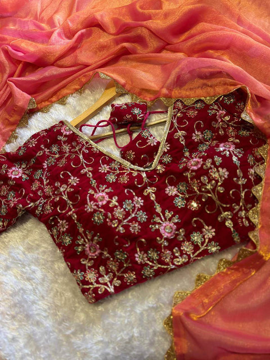 Sabyasanchi Wedding Party Wear Fendy Silk Saree with Velvet Blouse - SEEANS