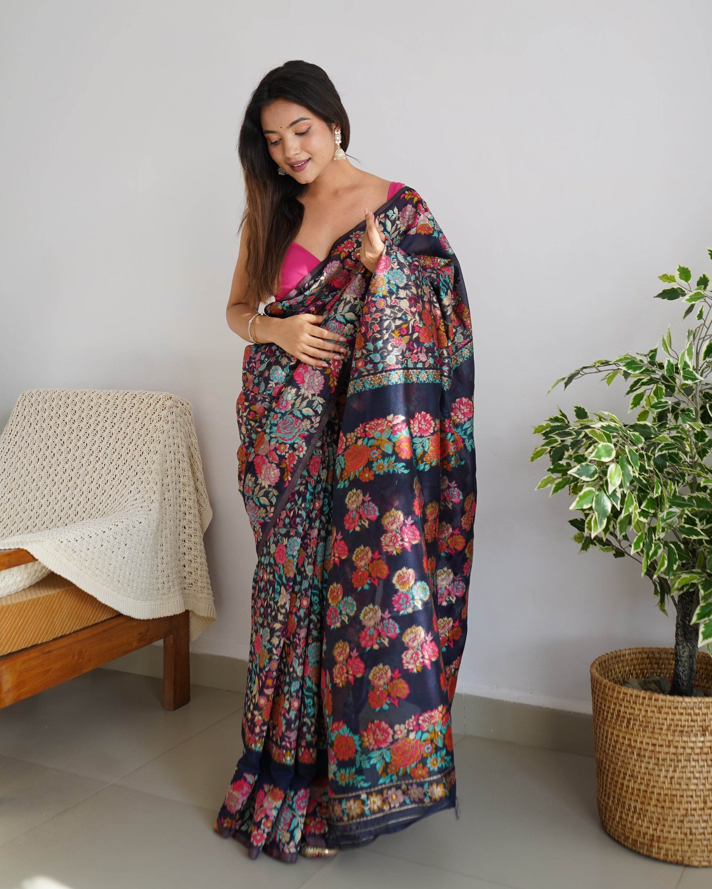 Kashmiri Pashmina Cotton Kachhi Work Multi Thread Saree – Elegant & Traditional - SEEANS