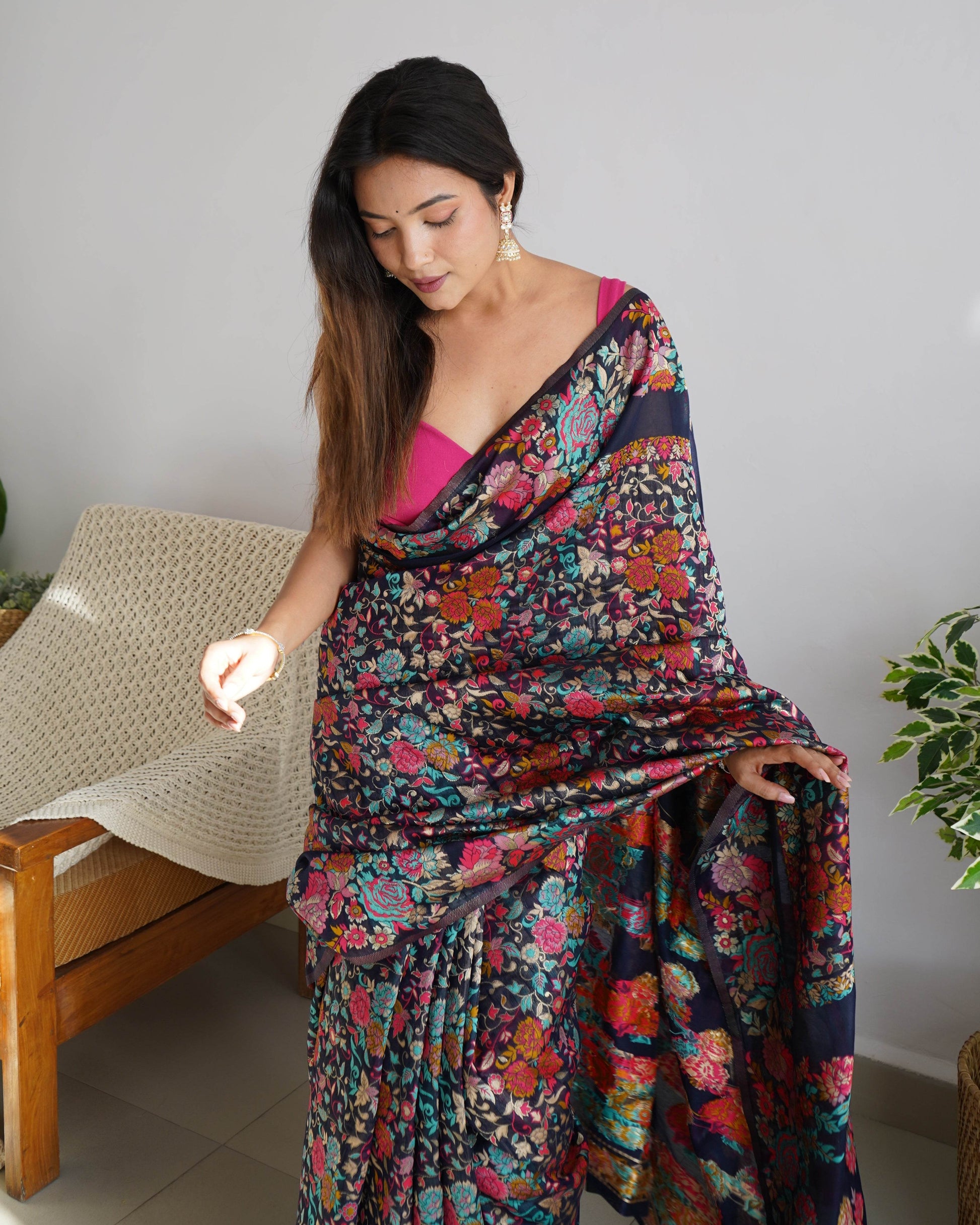 Kashmiri Pashmina Cotton Kachhi Work Multi Thread Saree – Elegant & Traditional - SEEANS