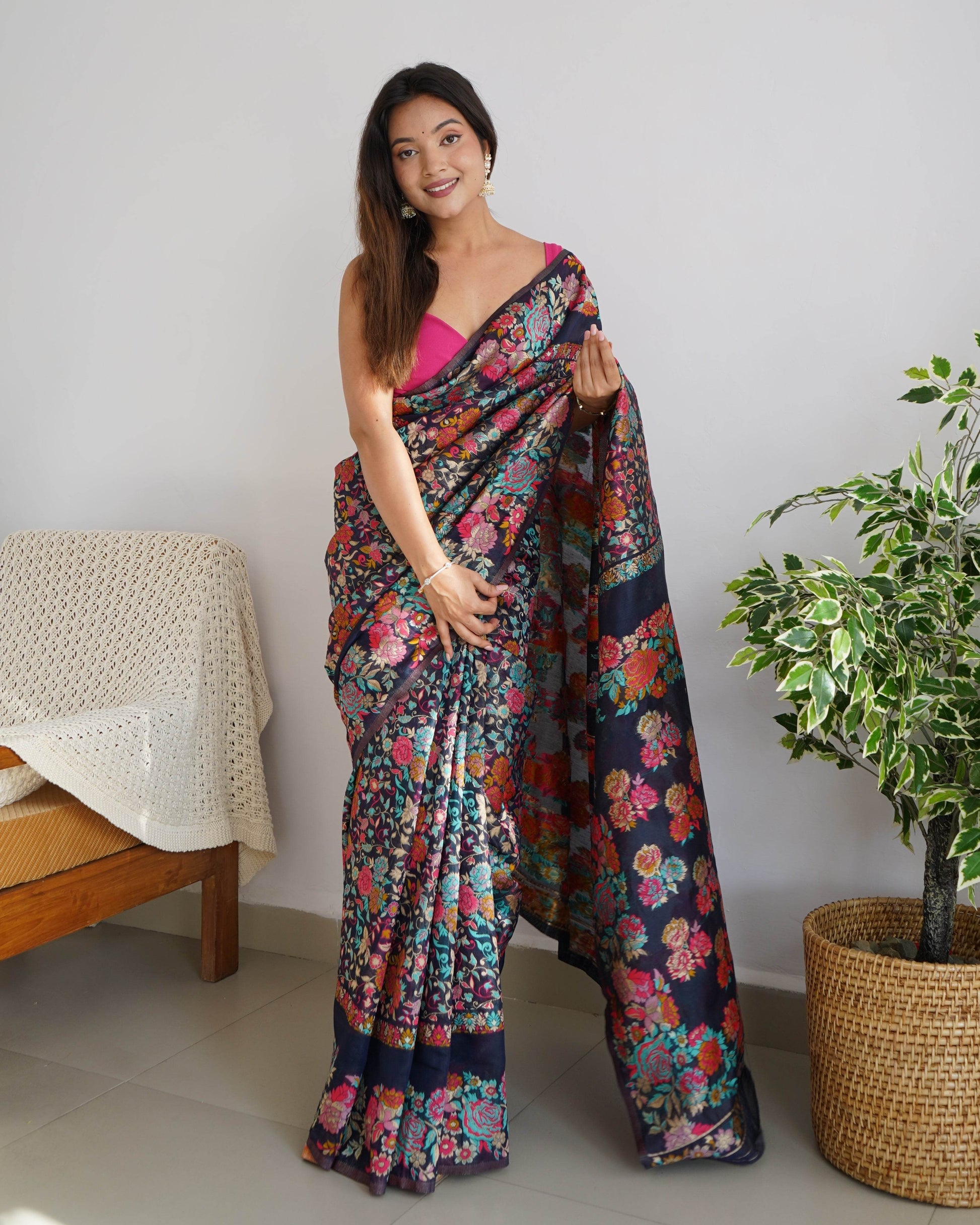 Kashmiri Pashmina Cotton Kachhi Work Multi Thread Saree – Elegant & Traditional - SEEANS
