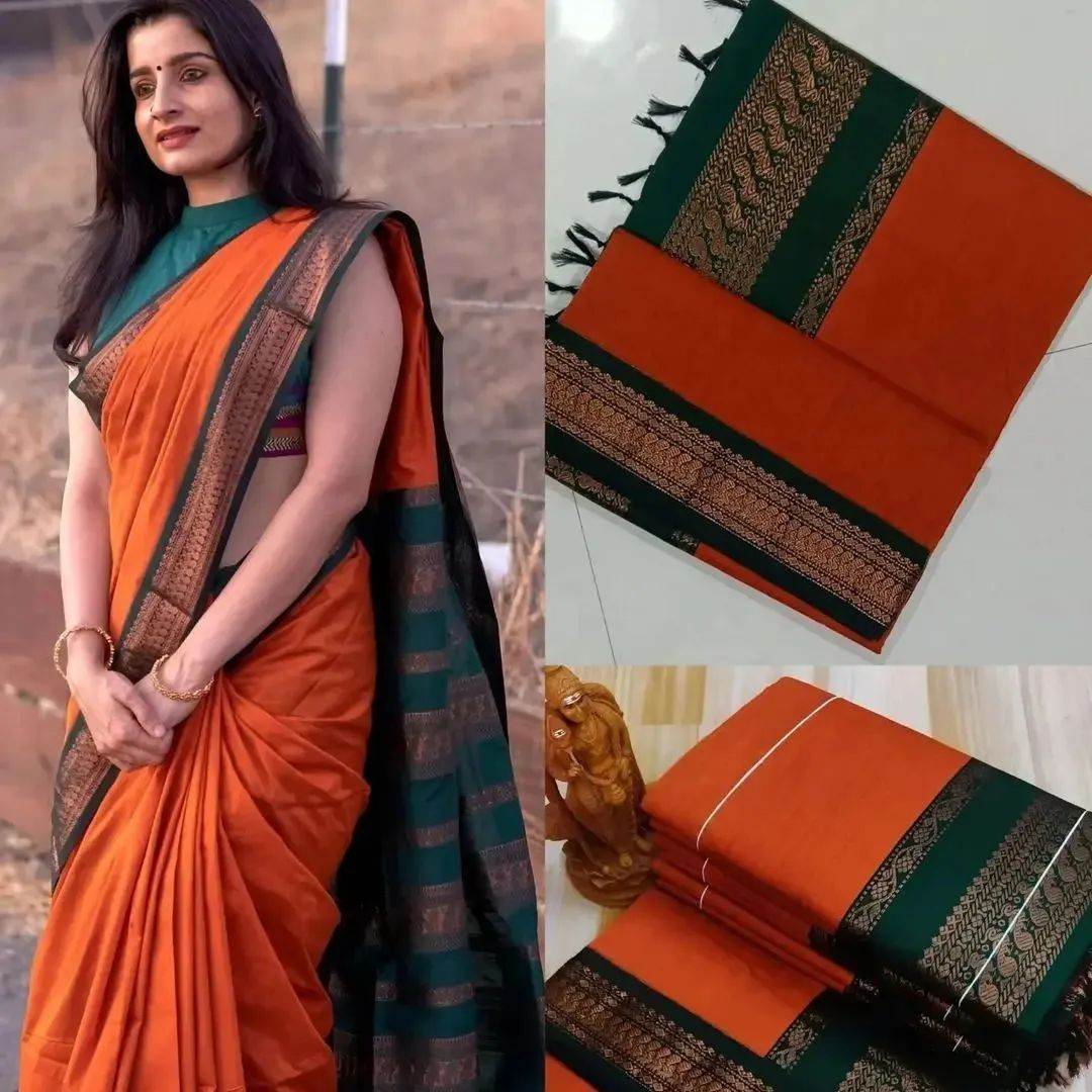 Kanjivaram Soft Lichi Silk Saree with Vintage Weaving & Rich Border - SEEANS