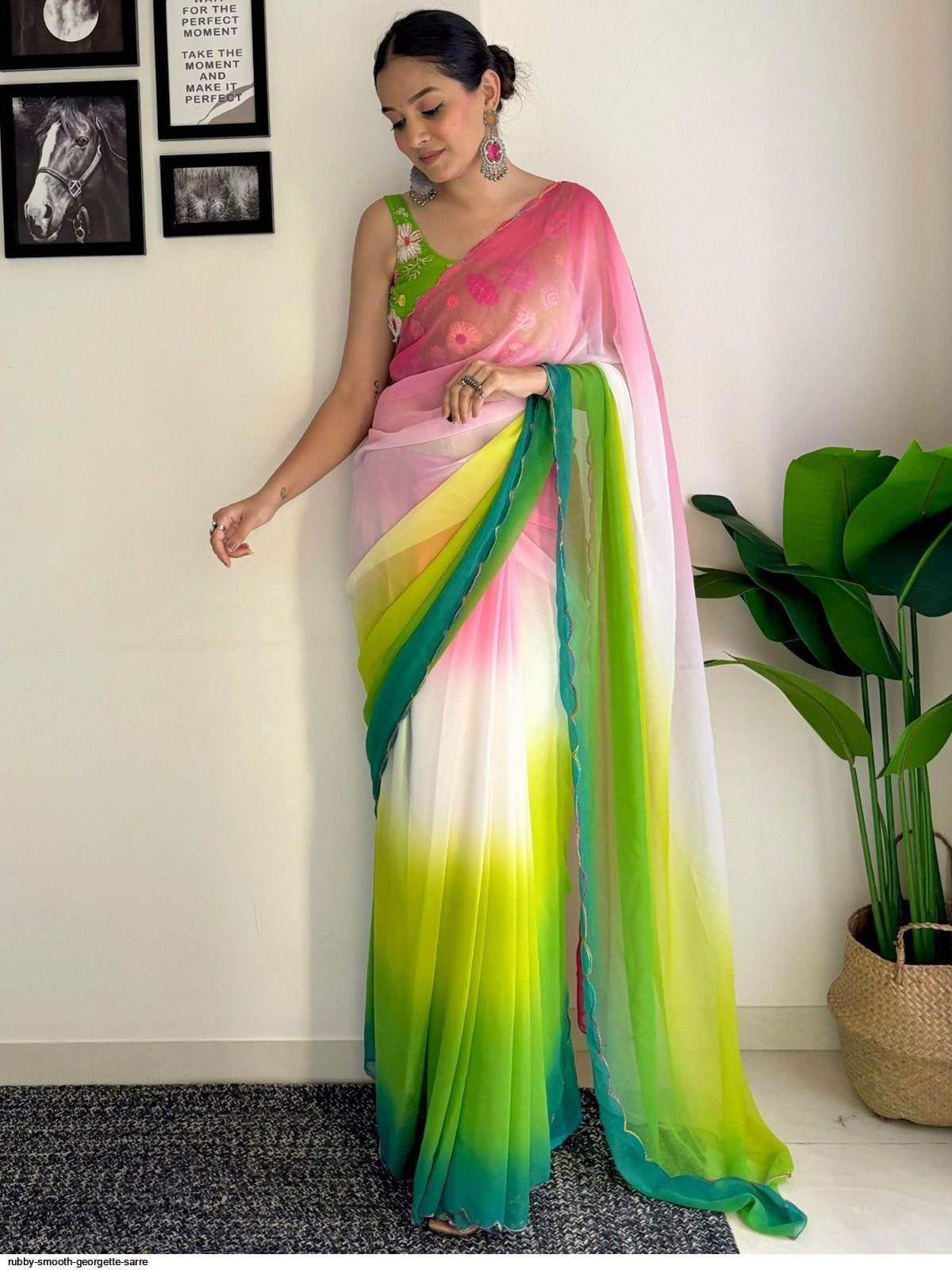 Shop Vintage Casual Saree with Faux Georgette & Embroidered Blouse - SEEANS
