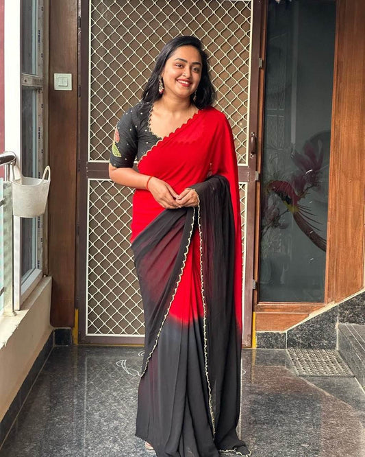 Handcrafted Georgette Khatli Work Saree with Unstitched Blouse – 5.5 Mtr - SEEANS